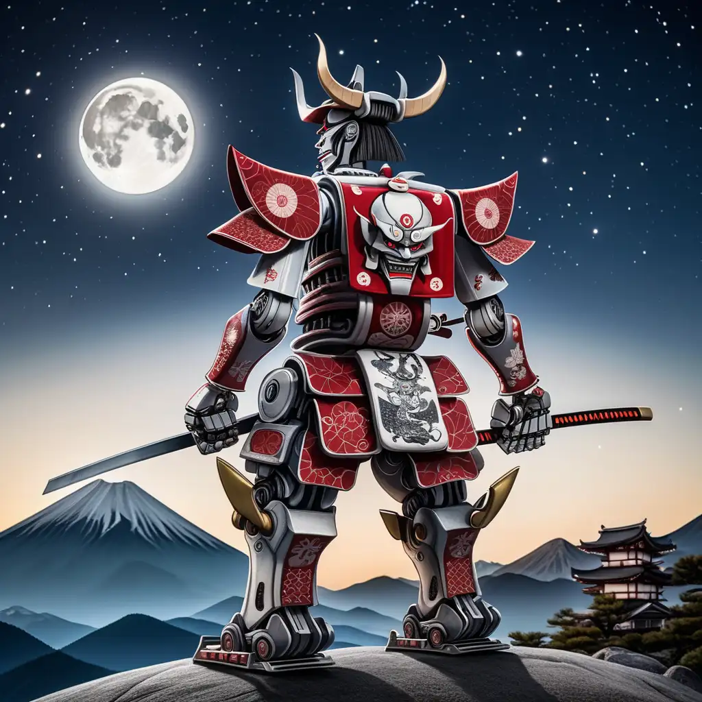 Mechanical Samurai Confronting Japanese Demon Under the Full Moon