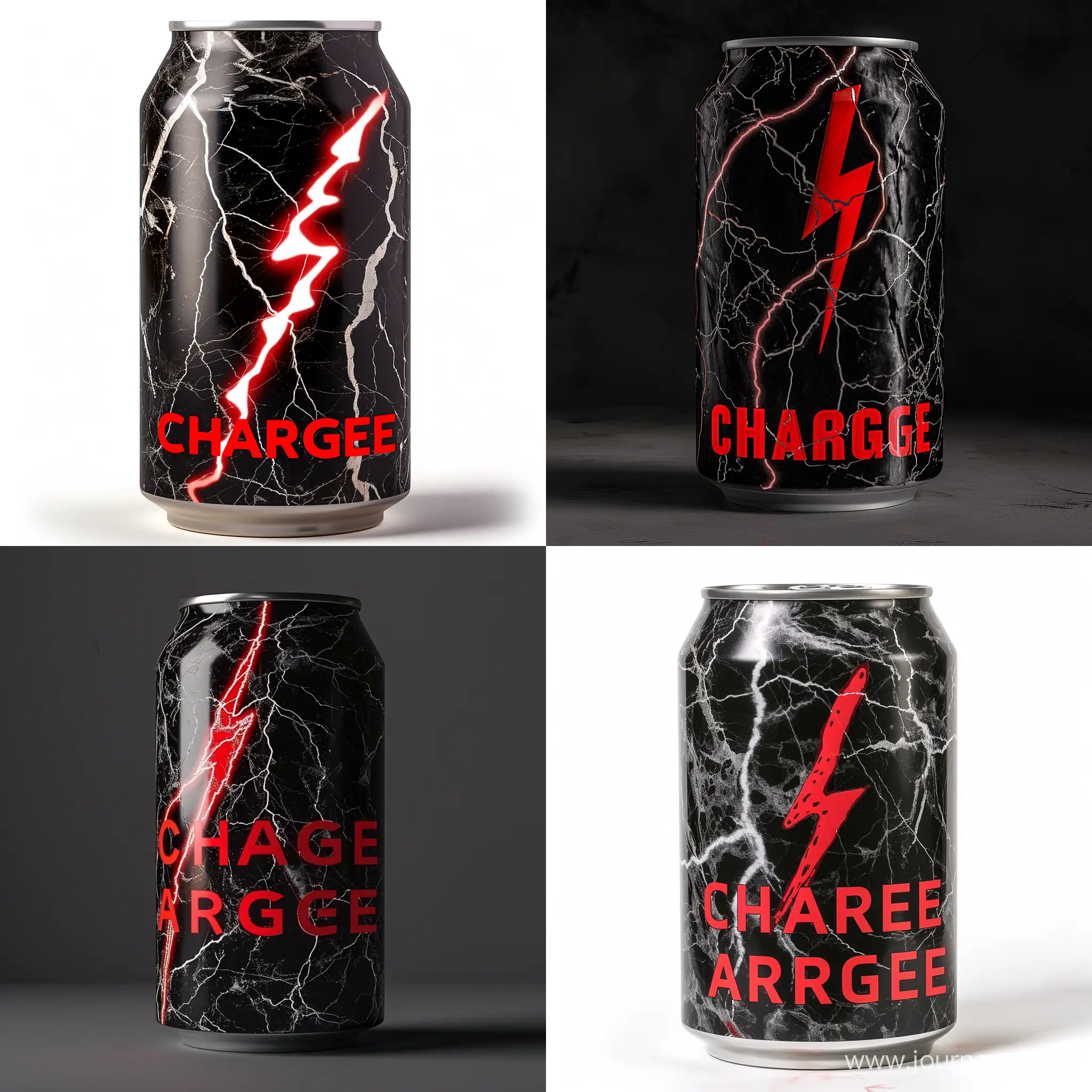 make a black marmor soda can, with a big lightning bolt in the color red. With big red letters under writing the name "CHARGE". use all the letters C H A R G E once, in that order.