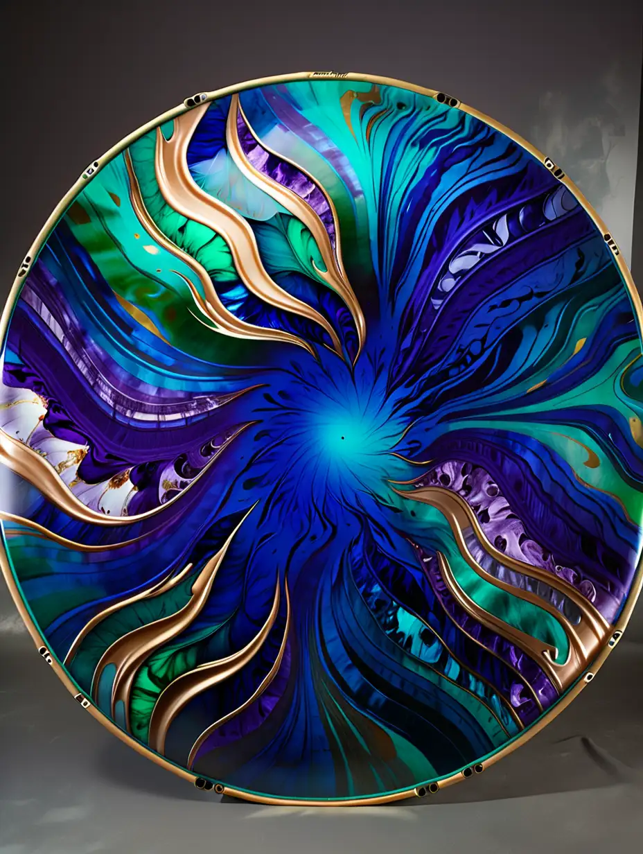 A large, tight drumhead dyed in a random, billowing pattern of sapphire blue, emerald green, jewel-tone teal, amethyst purple, and bronze gold.