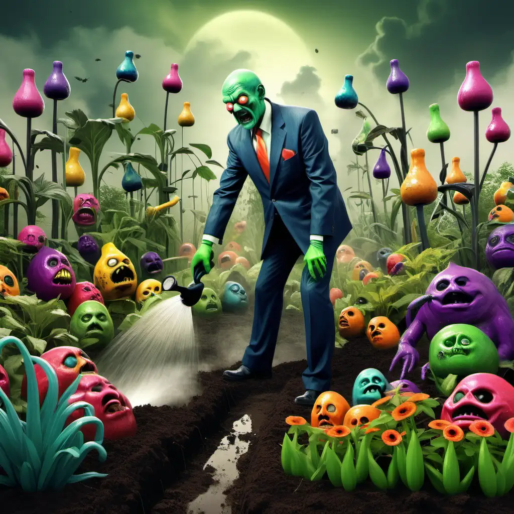 The Toxic Garden: Create an image of a colorful garden where the boss is depicted as a ugly figure, watering plants that have faces with poison.