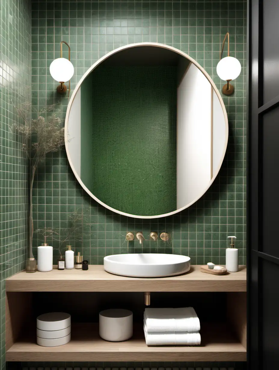 bathroom, green little tile 6,5*10 centimeters zellige, circle mirror under the dark oak wood cabinet with a washbasin, white terrazzzo tile on the floor