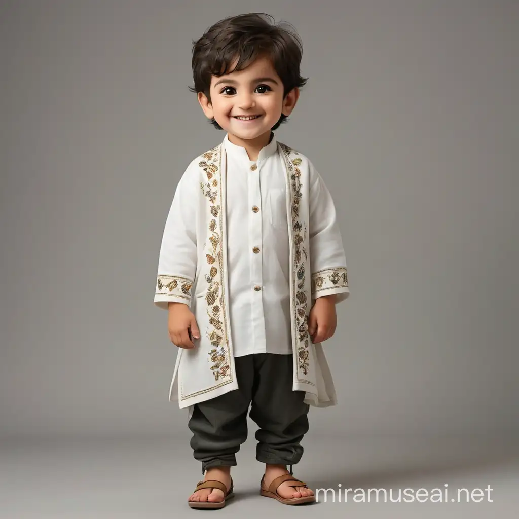Persian little boy(full height, white skin, cute, smiling, clothes full of Persian designs).