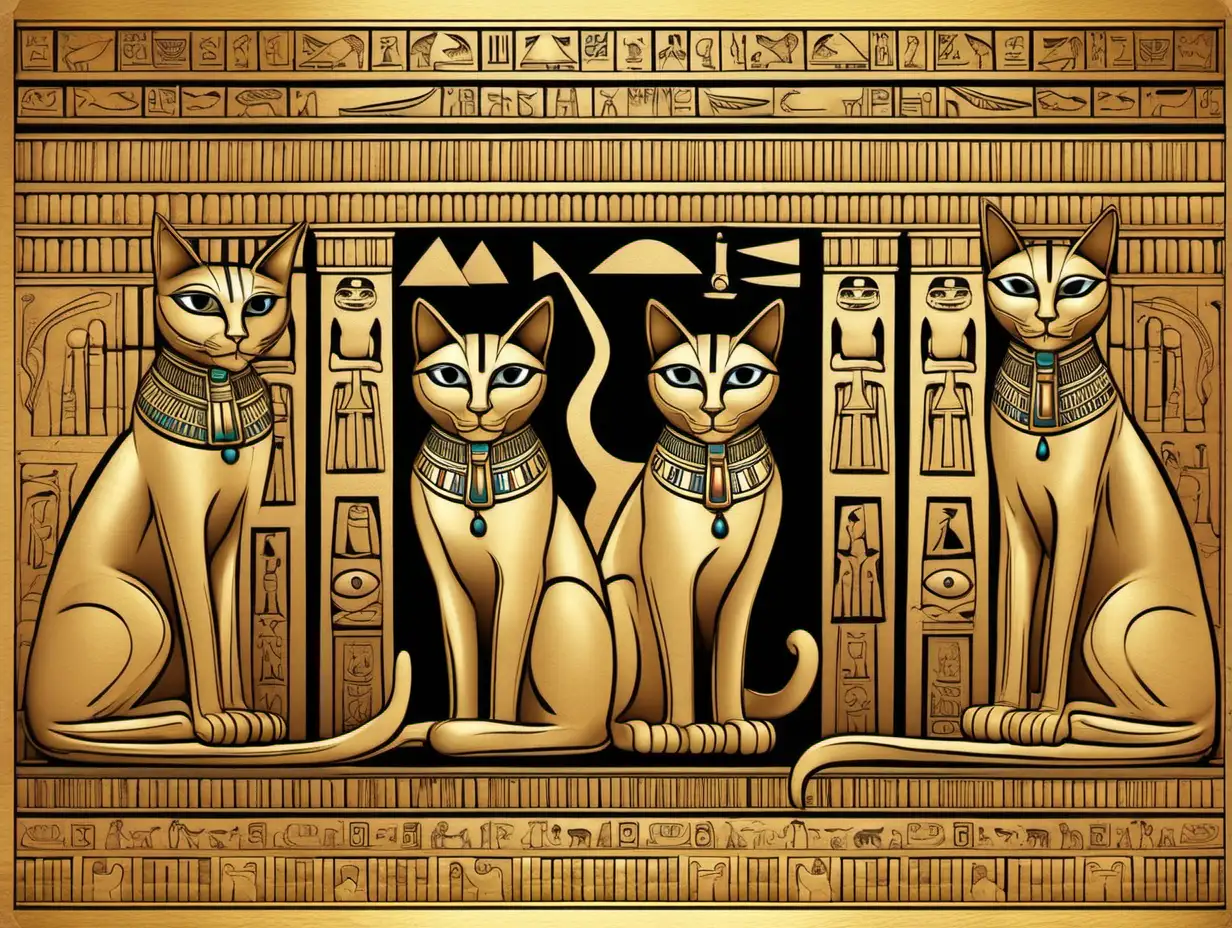 A detailed illustration depicting Egyptian cats in a stylized ancient Egyptian setting. The design should feature several cats in various poses, reminiscent of Egyptian mythology and art. Include iconic Egyptian symbols like the Eye of Horus, ankhs, and hieroglyphics. The cats should have ornate collars, jewelry, and traditional Egyptian patterns. The background should suggest a temple or ancient architecture, with intricate carvings and golden accents. Aim for a balance between historical accuracy and modern artistic flair.

