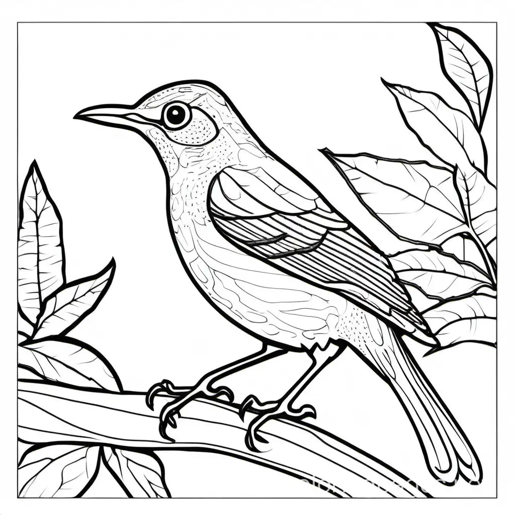 Yigüirro (Clay-colored Thrush): Designated as the national bird of Costa Rica, the yigüirro is celebrated for its distinctive song, which is often associated with the arrival of the rainy season, Coloring Page, black and white, line art, white background, Simplicity, Ample White Space. The background of the coloring page is plain white to make it easy for young children to color within the lines. The outlines of all the subjects are easy to distinguish, making it simple for kids to color without too much difficulty