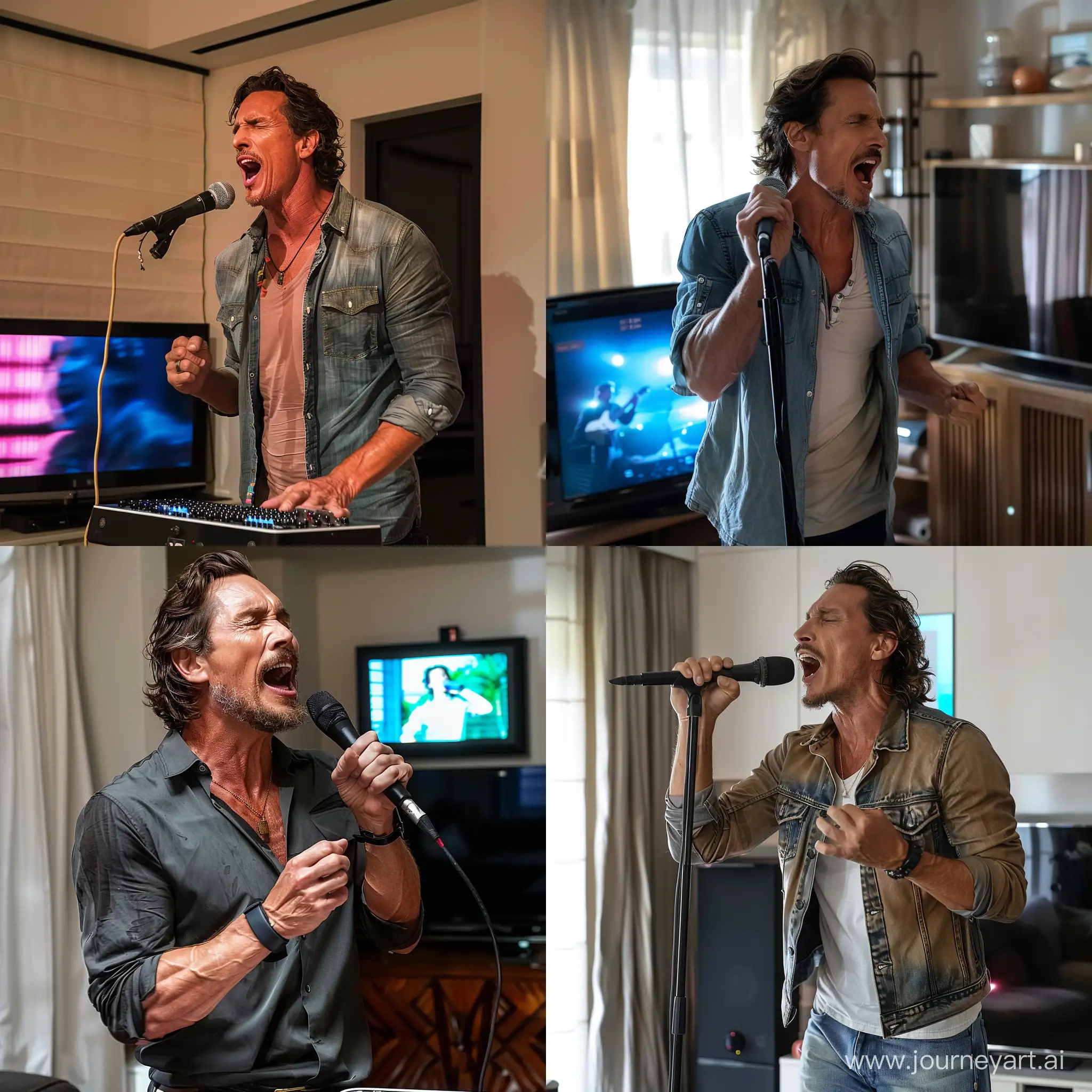 generate a realistic image of Matthew McConaughey singing on karaoke in an apartment next to a TV