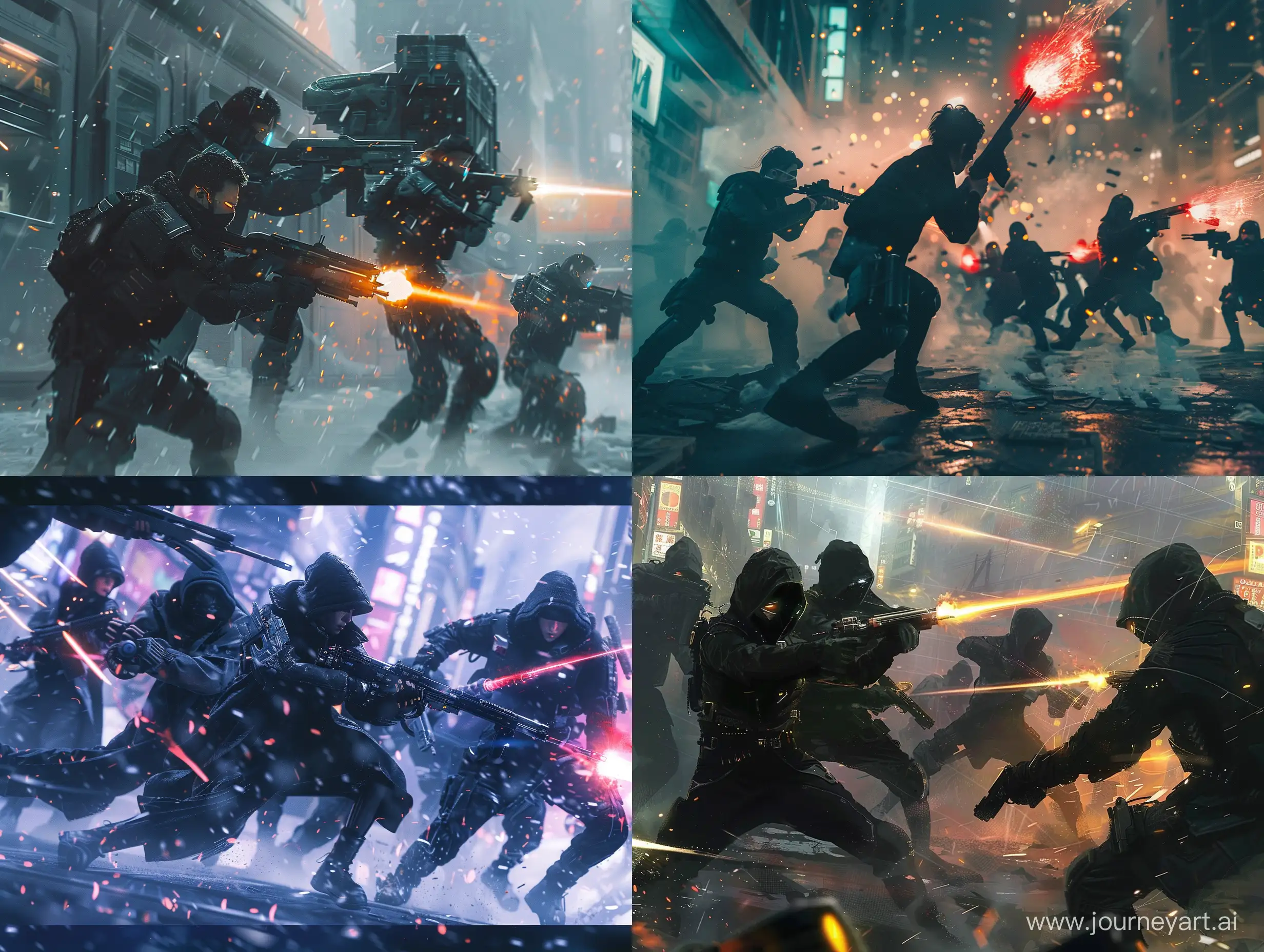 Cinematic scene, a group of rebels, dressed in black and wielding futuristic weapons, fighting against a powerful corporation or government agency, detailed background, masterpiece, best quality, high quality, highres, absurdres, cyberpunk