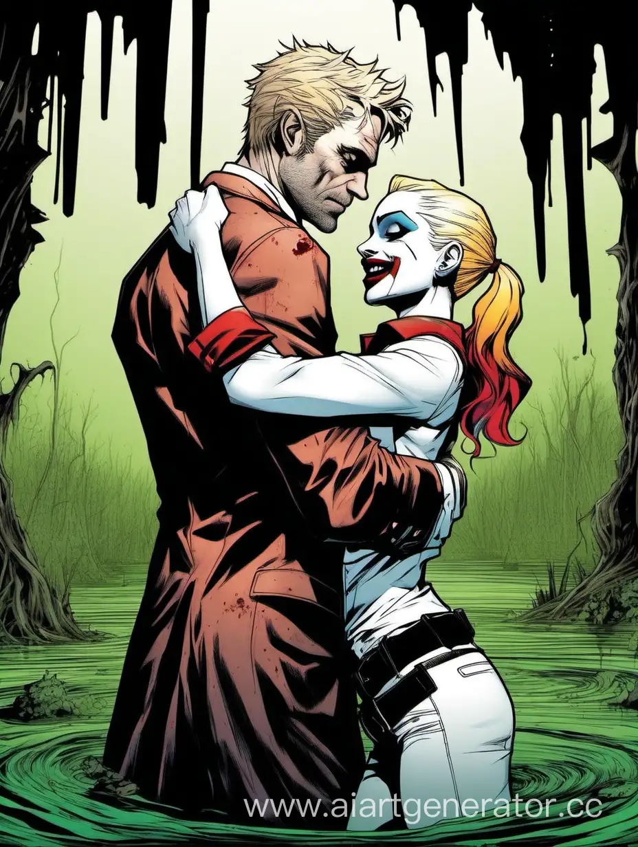 john constantine and Harley Quinn hugs on swamp