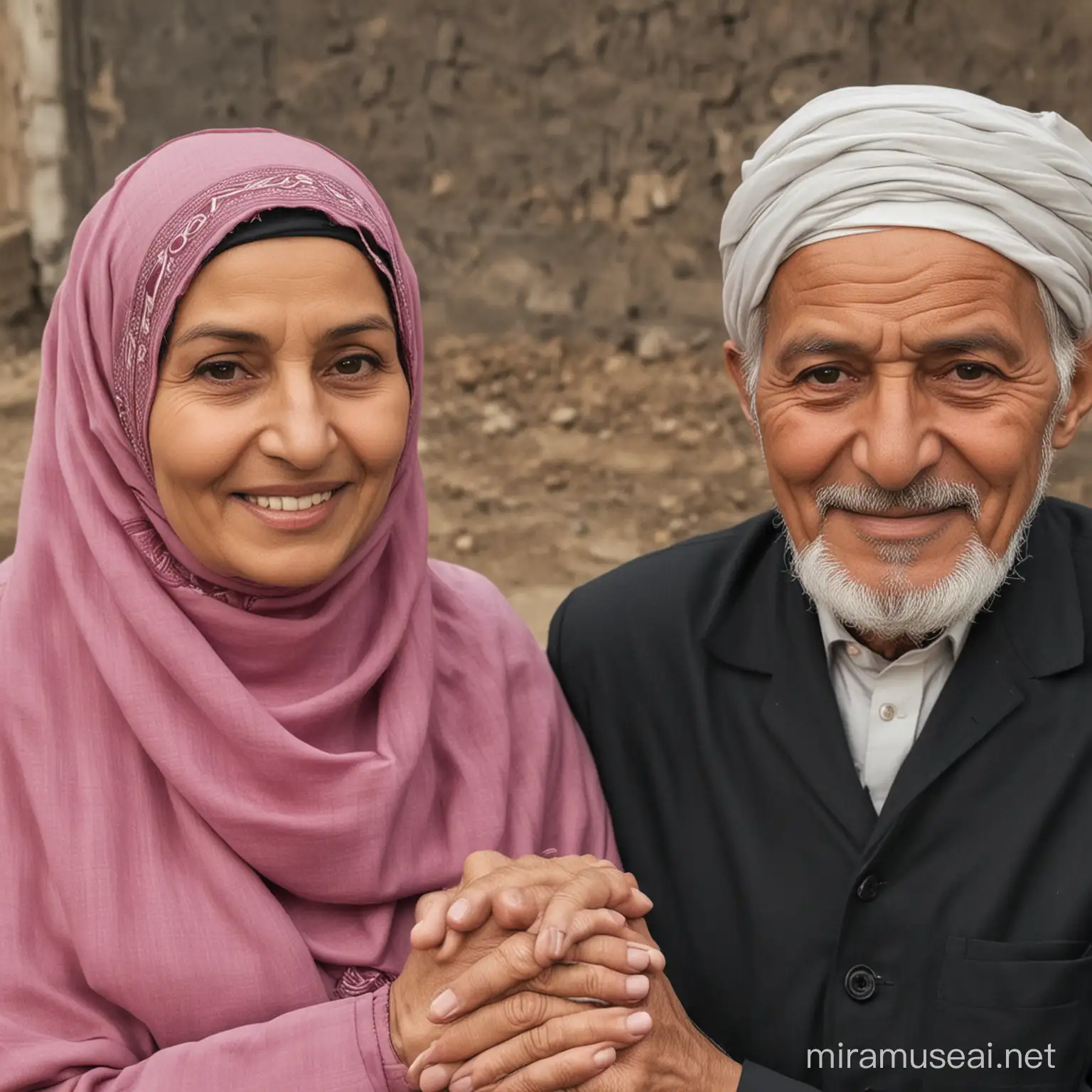 Elderly Couple Holding Hands and Smiling at Camera
