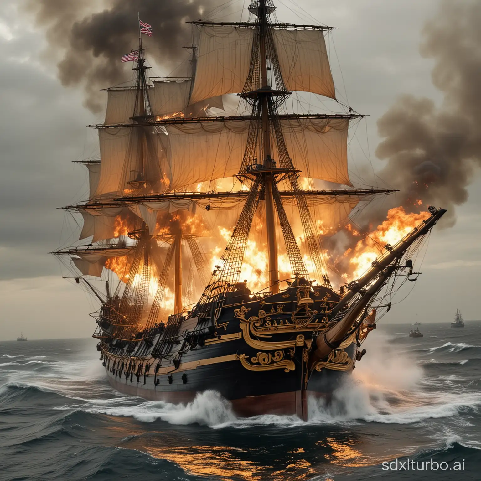 Generate for me a naval battle in which we see the beautifully majestic HMS Victory, which is boarding the enemy ship. Both ships are positioned side by side with their hulls touching. The hulls are destroyed, showing scraps of the deck and fire burning from the gun ports. There is smoke everywhere and streaks of fire can be seen. The sails are full but also damaged and burning. People are jumping from one deck to another. The sea is rough, with spray splashing high above the hull. The crew grabs onto the railings and anything they can to avoid falling overboard. The scene is a terrifying battle at sea.