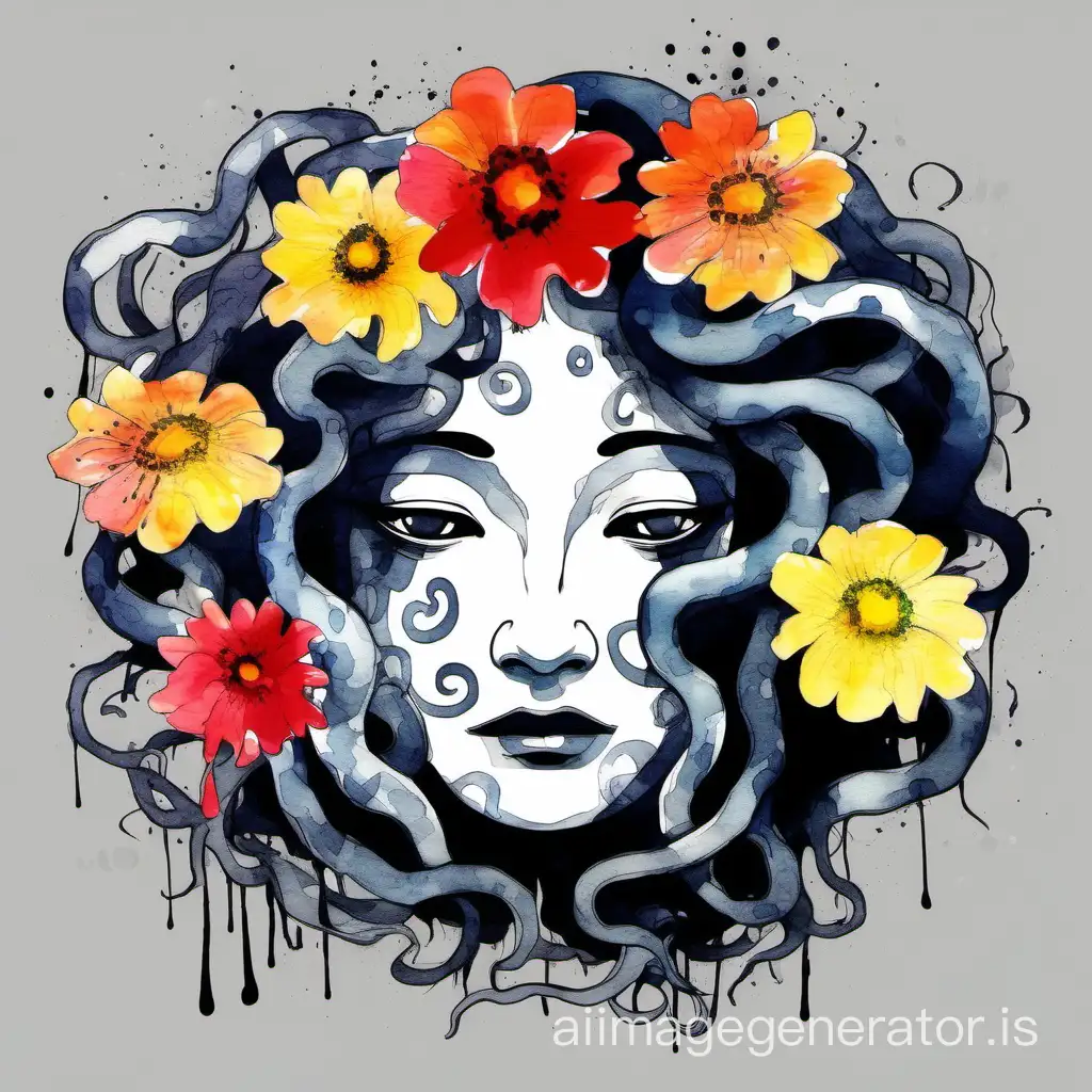 Cartoon-Sad-Medusa-Face-with-Flowers-Abstract-Sumie-Watercolor-Art