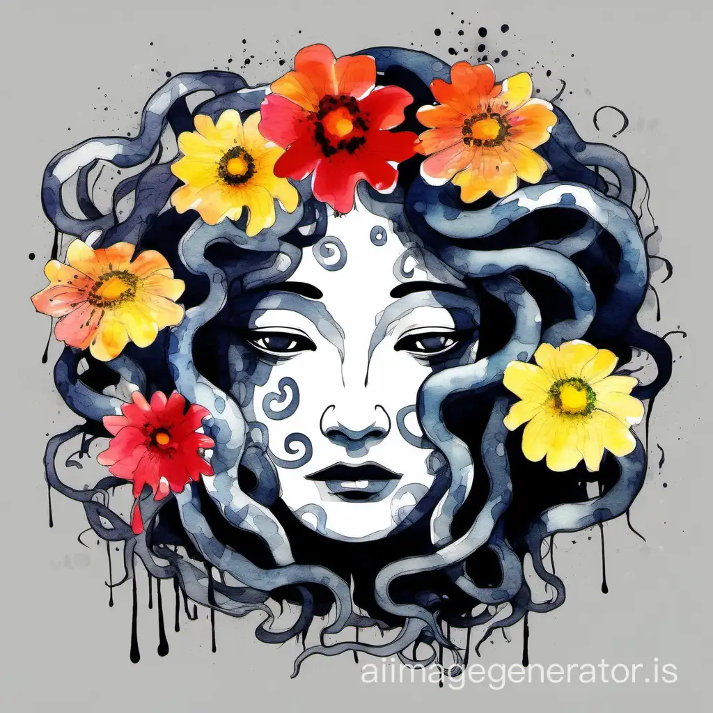 Abstract cartoon sad medusa face with flowers, sumi-e japanese watercolor, color splash style, multicolor palette, black background 