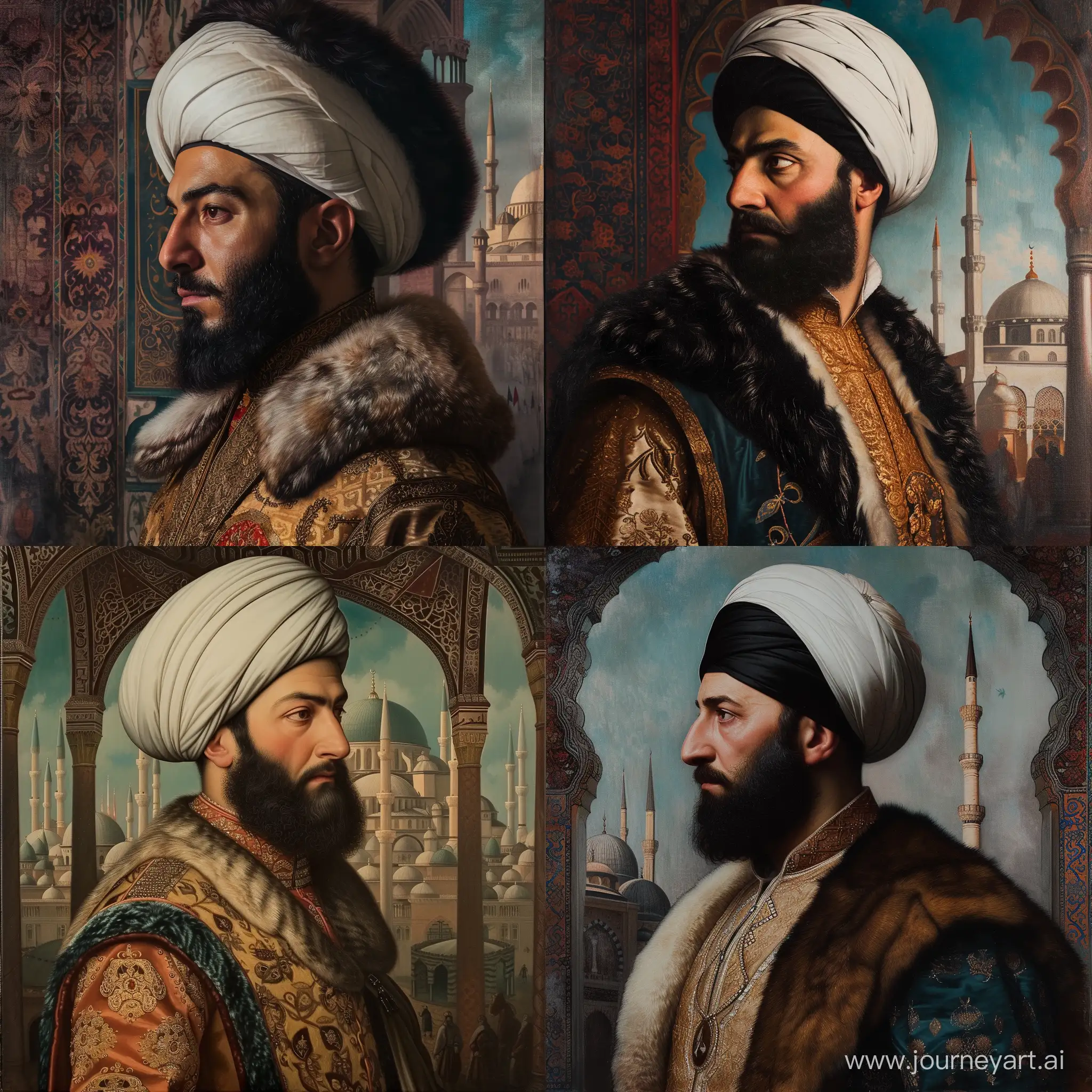 A portrait of 30 years old Ottoman Sultan Mehmed II, He has black average beard, curved Ottoman nose and small lips. Wearing luxury Ottoman caftan with fur collars and medium size white Ottoman turban. Side pose. Dramatic colors. Mosque themed background.