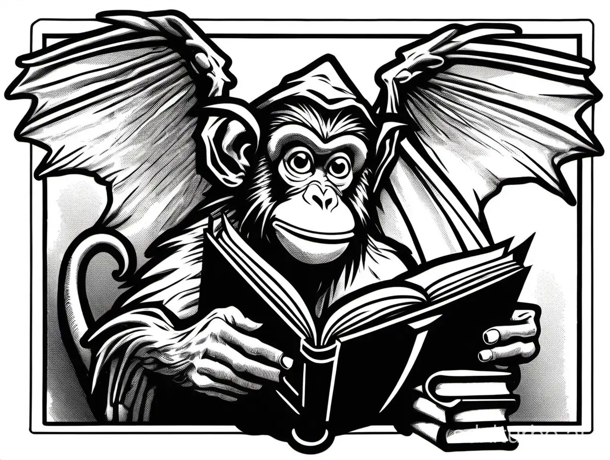 by Jeff Dee, style of 1981 AD&D, line art of a winged monkey reading a book, in a wizard's laboratory, surprised expression, white background, black border, 1bit bw,