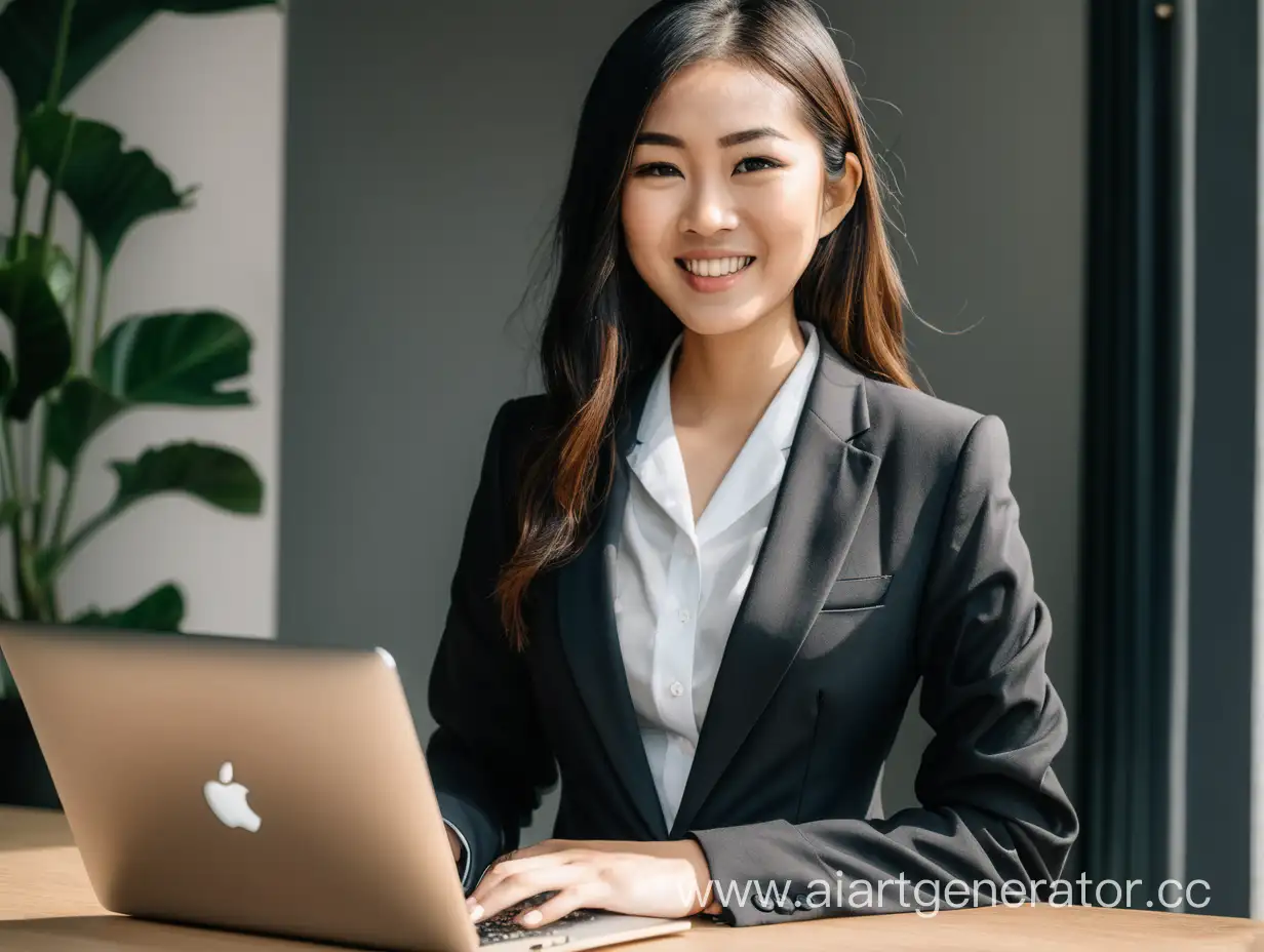 Joyful-Asian-Businesswoman-Celebrating-Success-with-MacBook-Pro
