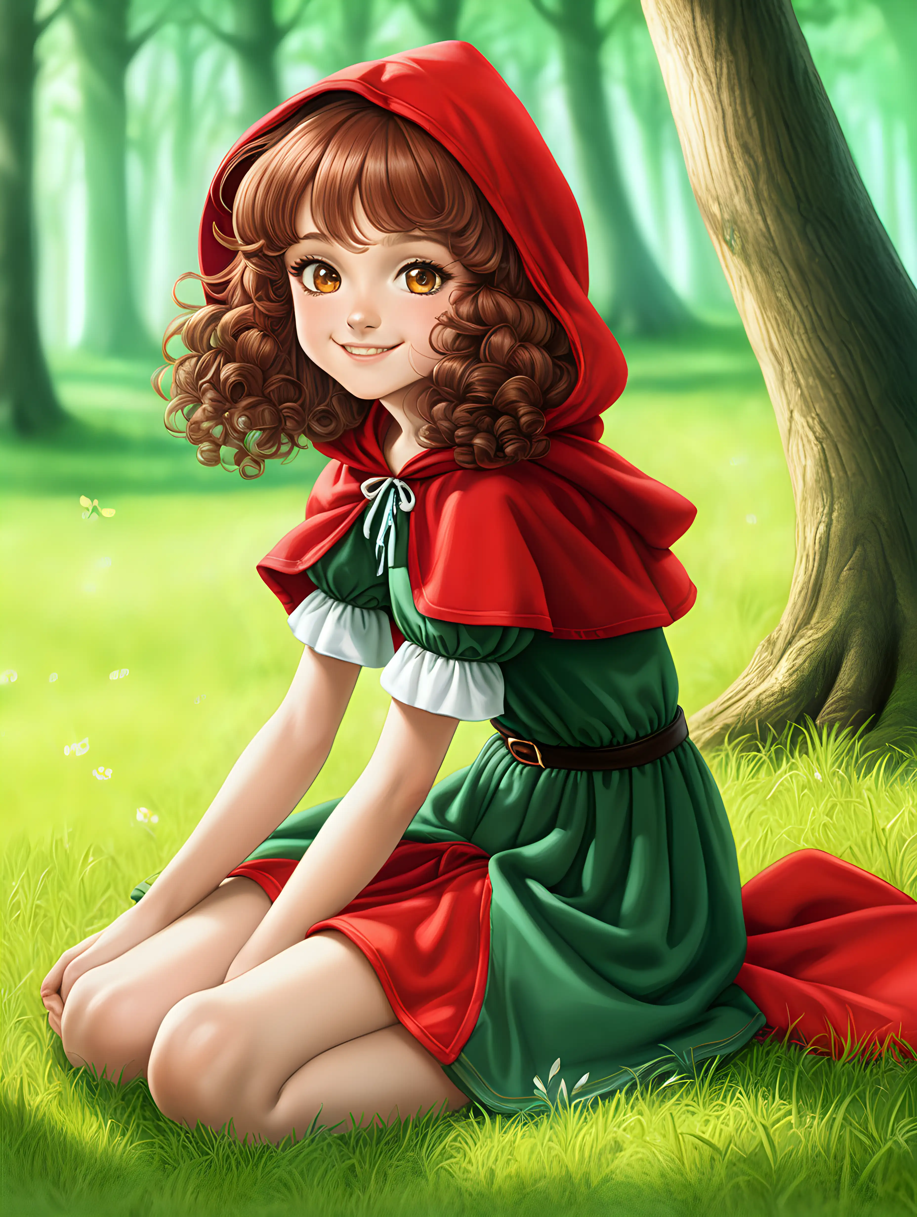 There is a forest with sunlinght shining among the trees, Red riding hood is sitting on the grass with sweet smiling eyes, she is 13 years old, she is cute,  feet on the grass, green dress, Brown curly hair, full body