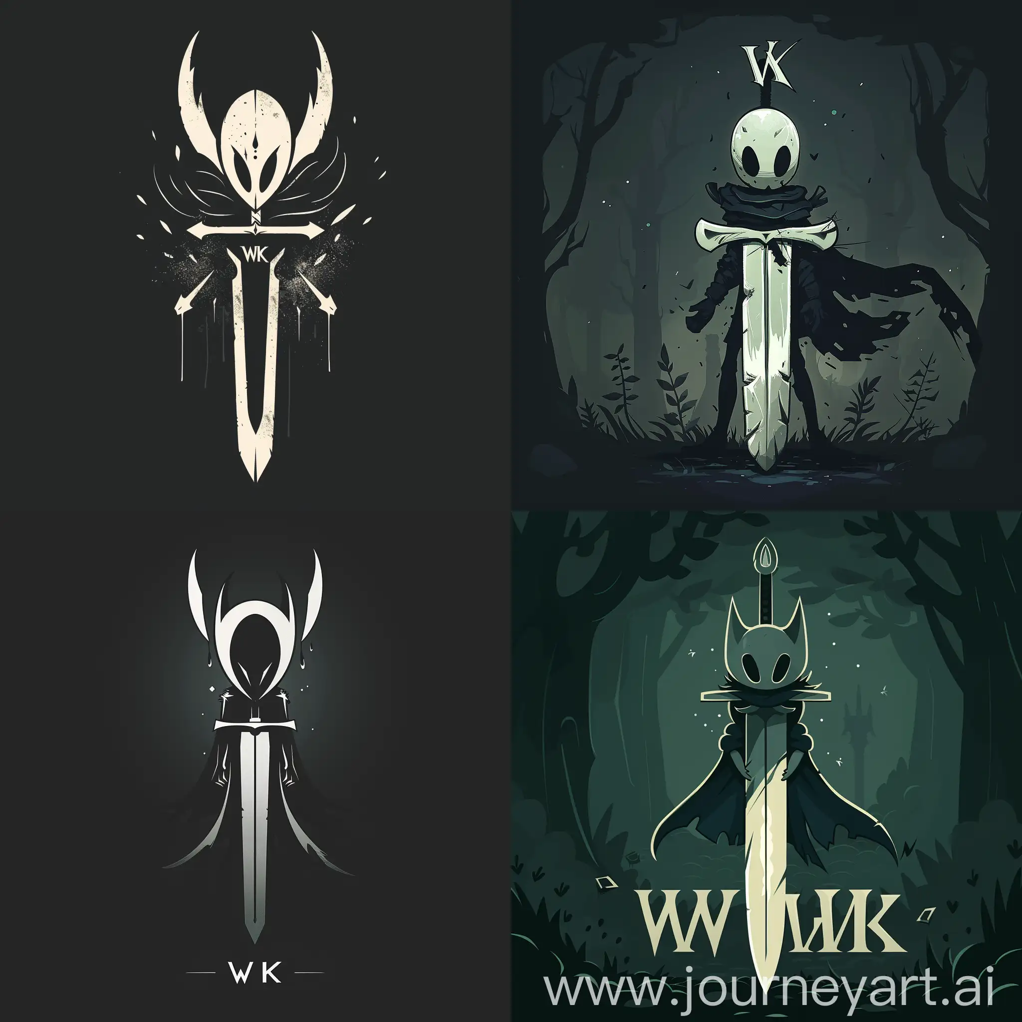 Логотипп "WK" White Knight для игры Hollow Knight, стилизации логотипа в виде символического меча с элементами, характерными для игры Hollow Knight, такими как темнота и загадочность, темные тона цветов для подчеркивания атмосферы игры, --s 150