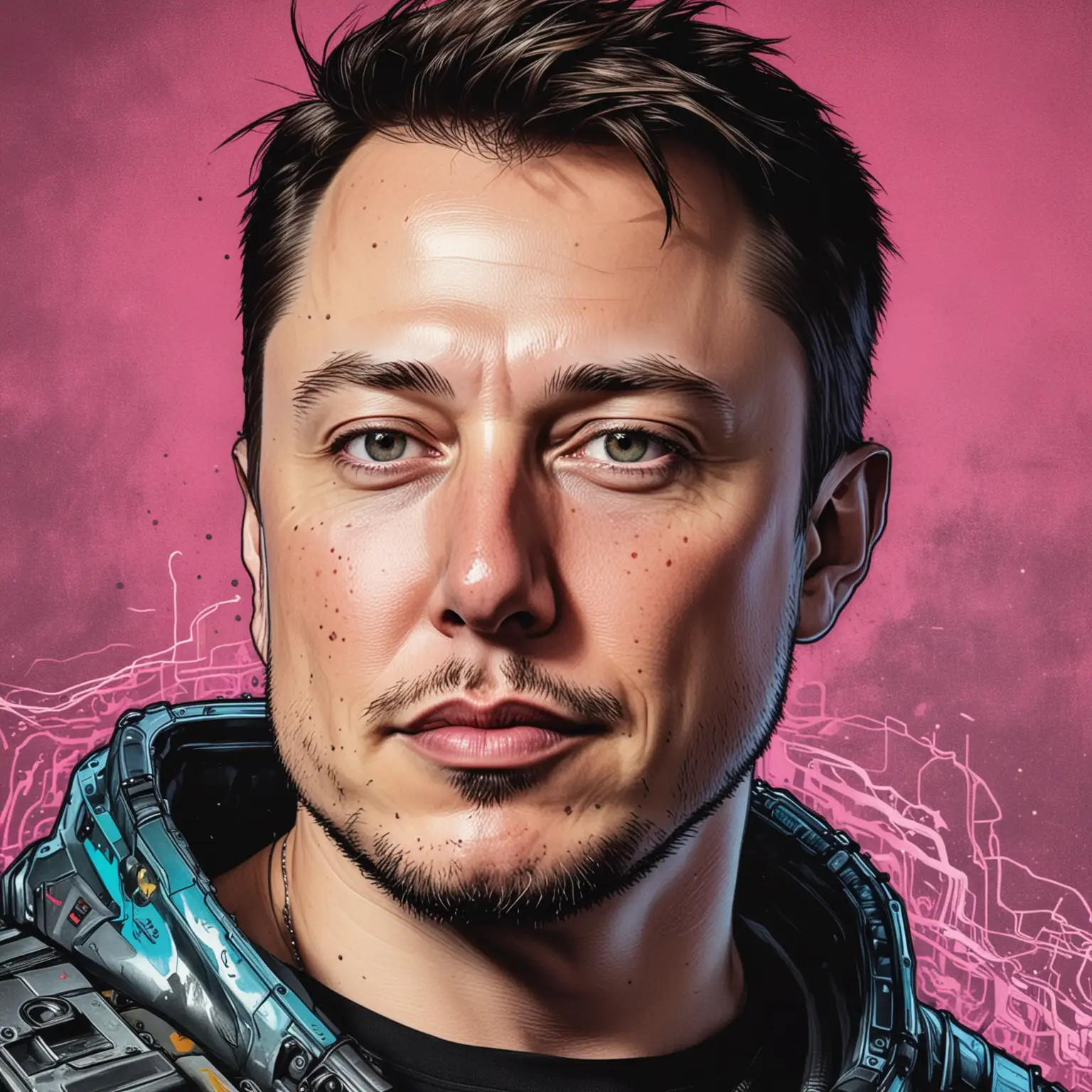 comic art style inked color close up portrait of cyberpunk elon musk