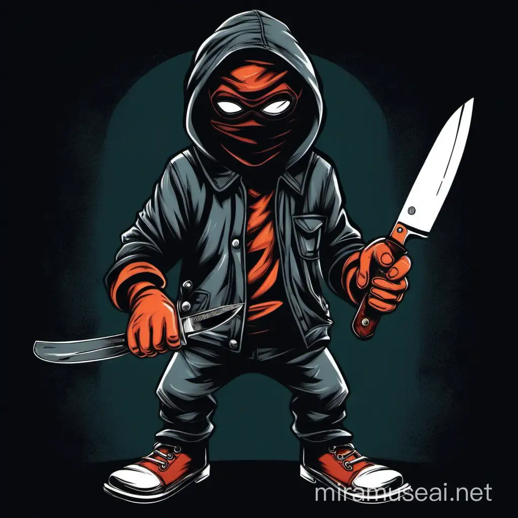cartoon masked sadist with a black background holding a knife