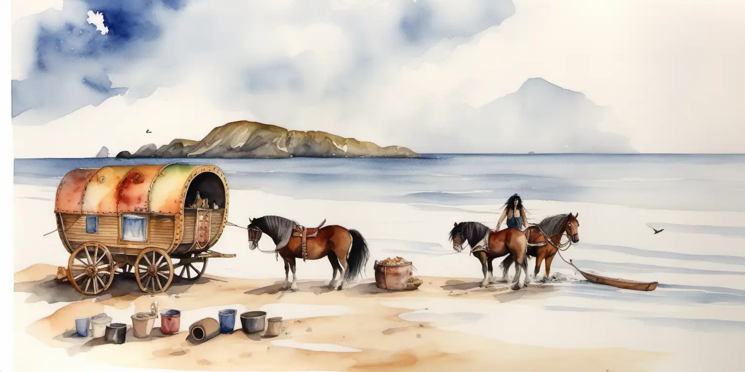 Romany Gypsy Wagons and Coastal Gathering Watercolor