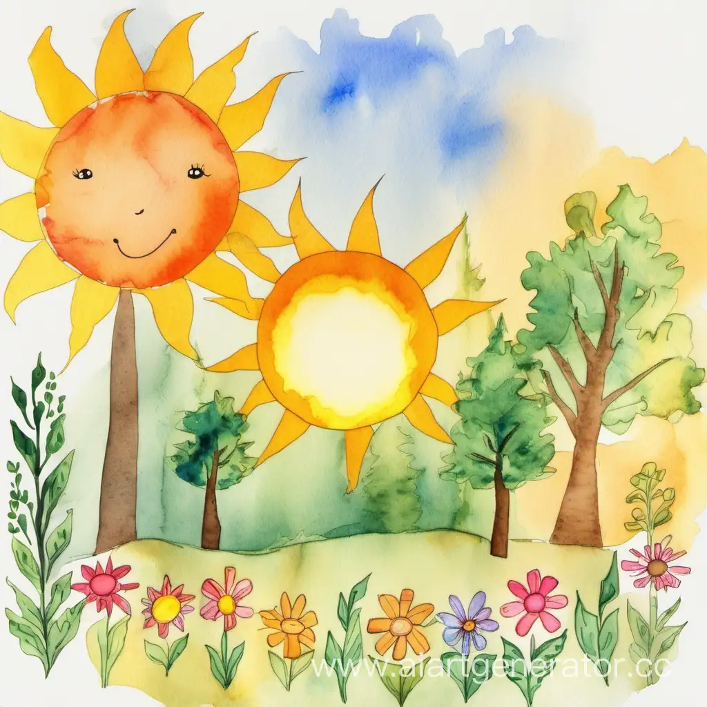 Детский акварельный рисунок с солнышком, деревцами и цветочками
