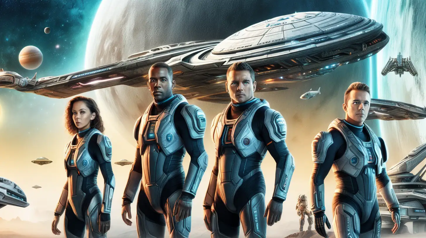 modern sci fi movie poster with five characters, spaceship