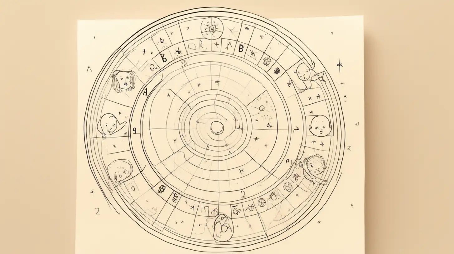 Draw An astrological wheel with baby figure . Loose lines. Muted color, add a label write on text