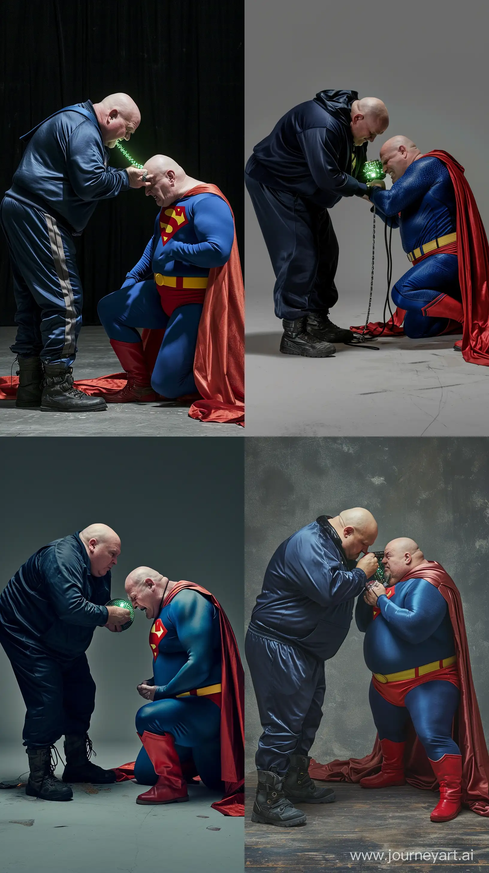 Photo of two men. The first man is on the left and is a chubby man aged 70 wearing a silky navy tracksuit and black tactical boots, bending over and closing a small glowing shiny green short metal collar around the neck of a second man on the right who is an angry chubby man aged 70 kneeling on the floor wearing a silky blue superman costume with a large red cape, red boots, blue shirt, blue pants, yellow belt and red trunks. Outside. Bald. Clean Shaven. --style raw --ar 9:16 --v 6
