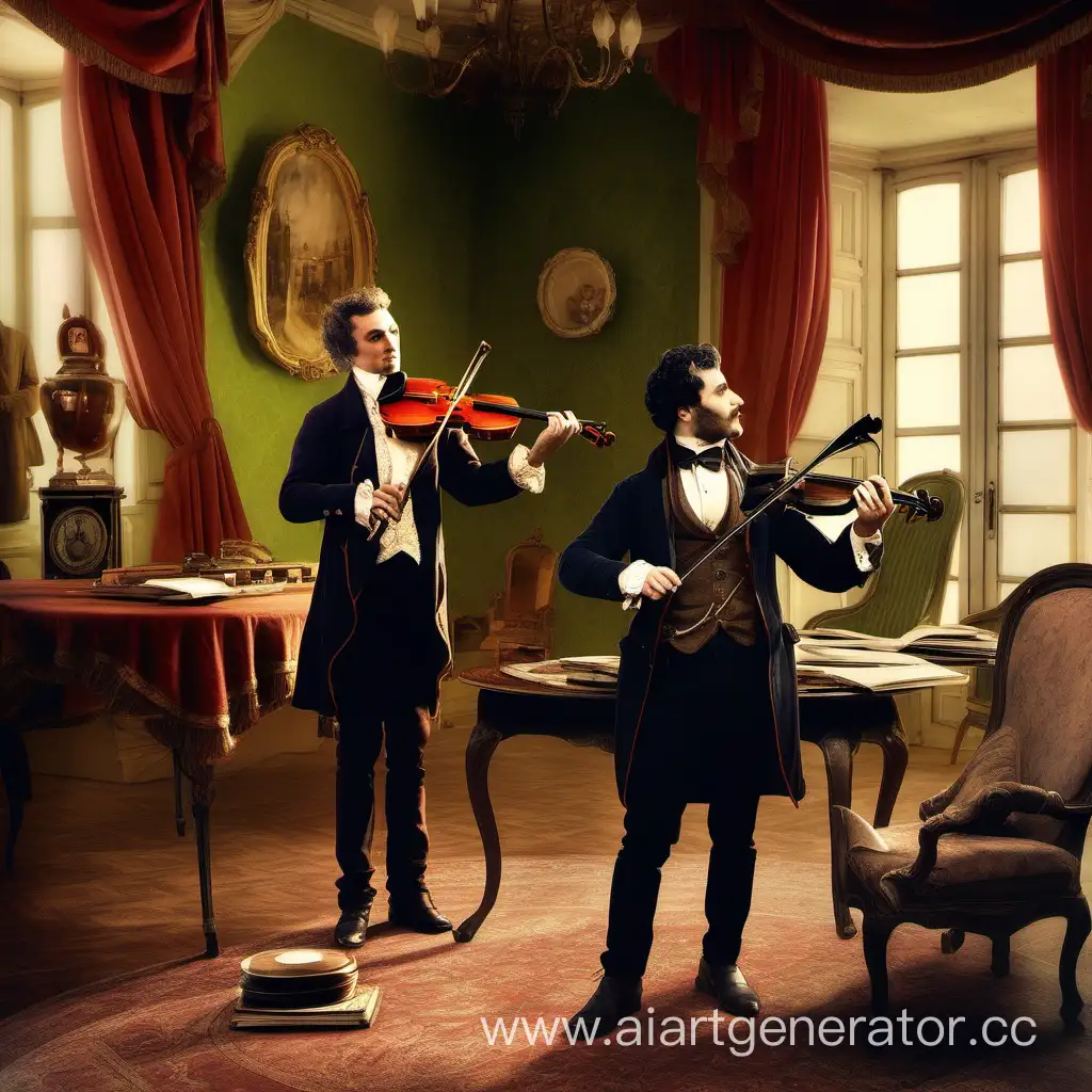 Один мужчина стоит и играет на скрипке, рядом стоит круглый  столик, а за ним сидит второй мужчина. Мужчины декабристы, одеты в костюмы 1850 года. На заднем фоне интерьер 19 века, диванчик, пианино, проигрыватель. Уютная атмосфера