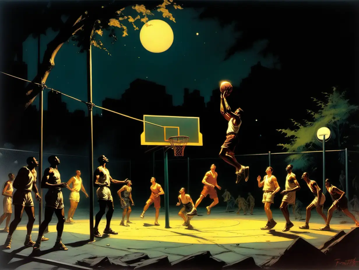Basketball players at night at a NYC playground in summer by frank frazetta 