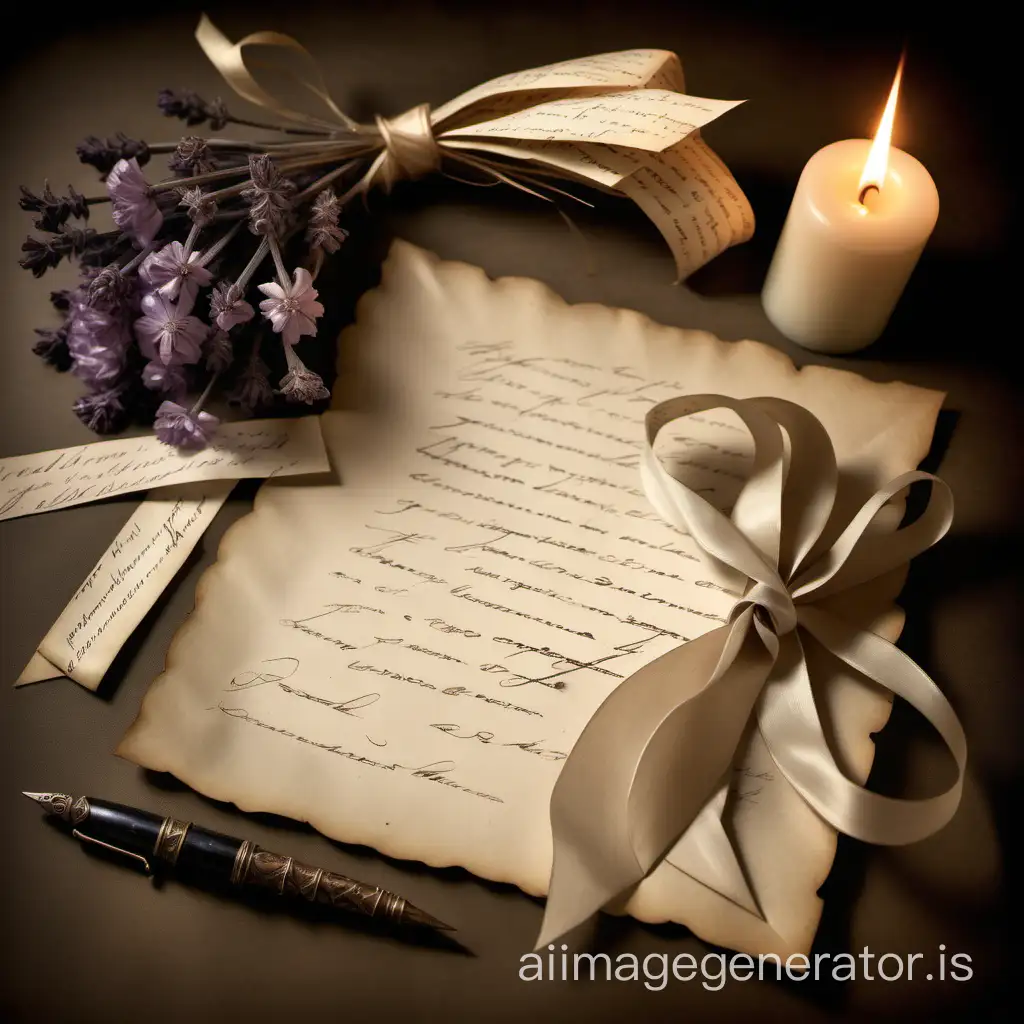 Antique cream-colored paper stack of antique letters tied with ribbon Aged antique pen antique letter dusty cloud, lavender dried flowers, candle, antique, dark botanical, hyperrealism, wide-angle lens, background, fast exposure, high detail, increased resolution, increased contrast