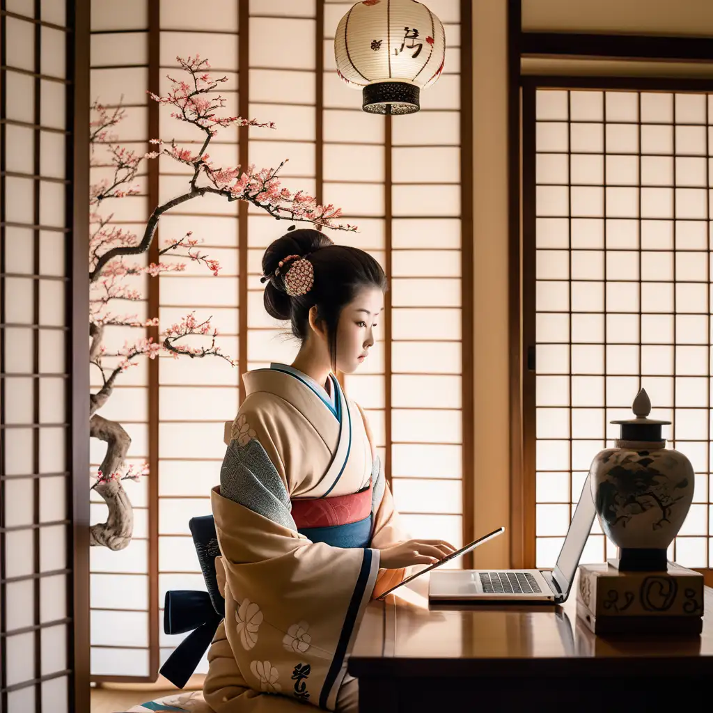 Başka bir zaman diliminde, Japonya'nın tarihi bir bölgesinde, geleneksel ahşap yapılar ve antik vazo desenleriyle süslenmiş duvarlarla çevrili bir mekân bulunmaktadır. Burası, zamanın izlerini taşıyan, sakin ve huzurlu bir ortam sunar.

İç mekânda, modern bir dokunuşla dikkat çeken genç bir kadın, laptop bilgisayarıyla meşguldür. Zarif bir kimono yerine, iş için uygun olan modern bir kıyafet giymiştir, ancak Japon kültürünün derin köklerini yansıtan zarif bir kese içinde laptopunu taşır. Saçları düzgün bir şekilde toplanmıştır ve zarif bir şekilde dikkatlice işlemiş bir kağıt fener, çalışma alanını hafifçe aydınlatır.

Kadın, bilgisayarının ekranına odaklanmıştır, ancak etrafındaki tarihi detayların farkındadır. Etrafında dizili vazoların incelikli desenleri, geçmişin izlerini hatırlatırken, kadının modern dünyadaki işine odaklanmasını sağlayan bir tezat oluşturur. Çalışma masasının köşesinde, geleneksel bir çay seti ve incelikli bir bonsai ağacı bulunur, bu da onun kültürüne ve geleneğe olan bağlılığını yansıtır.

Genç kadın, modern teknolojiyi kullanarak geçmişle olan bağını güçlendirir ve bu tarihi alanın sessizliğinde, kültürünü yaşatmaya ve gelecek nesillere aktarmaya adanmıştır. O, geçmişin mirasını korurken, geleceği inşa etmenin yollarını bulur ve böylece Japon kültürünün zenginliğini modern dünyaya taşır.