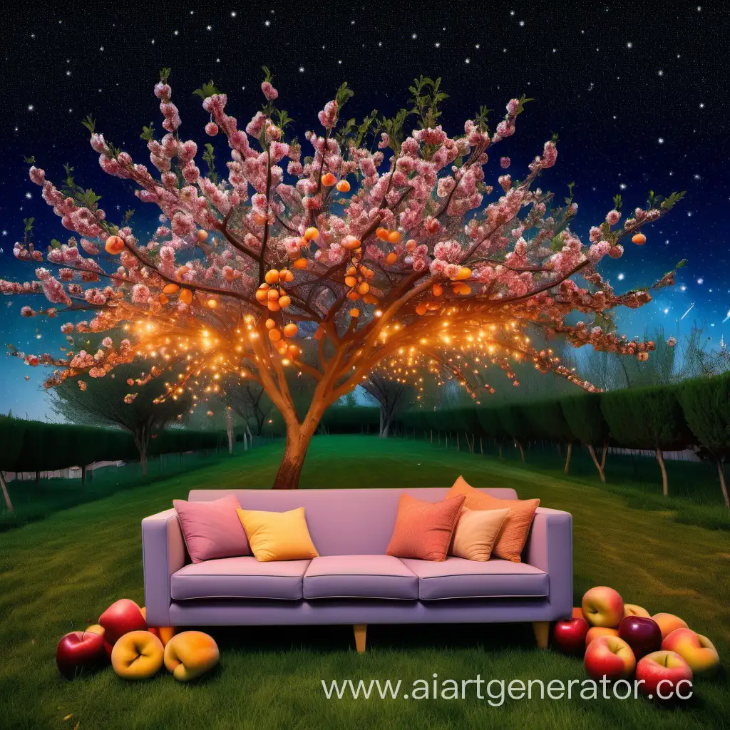 цветущий сад абрикосы цвет,вишни,яблони разноцветные на фоне звёздного неба, в фейерверках по центру диван