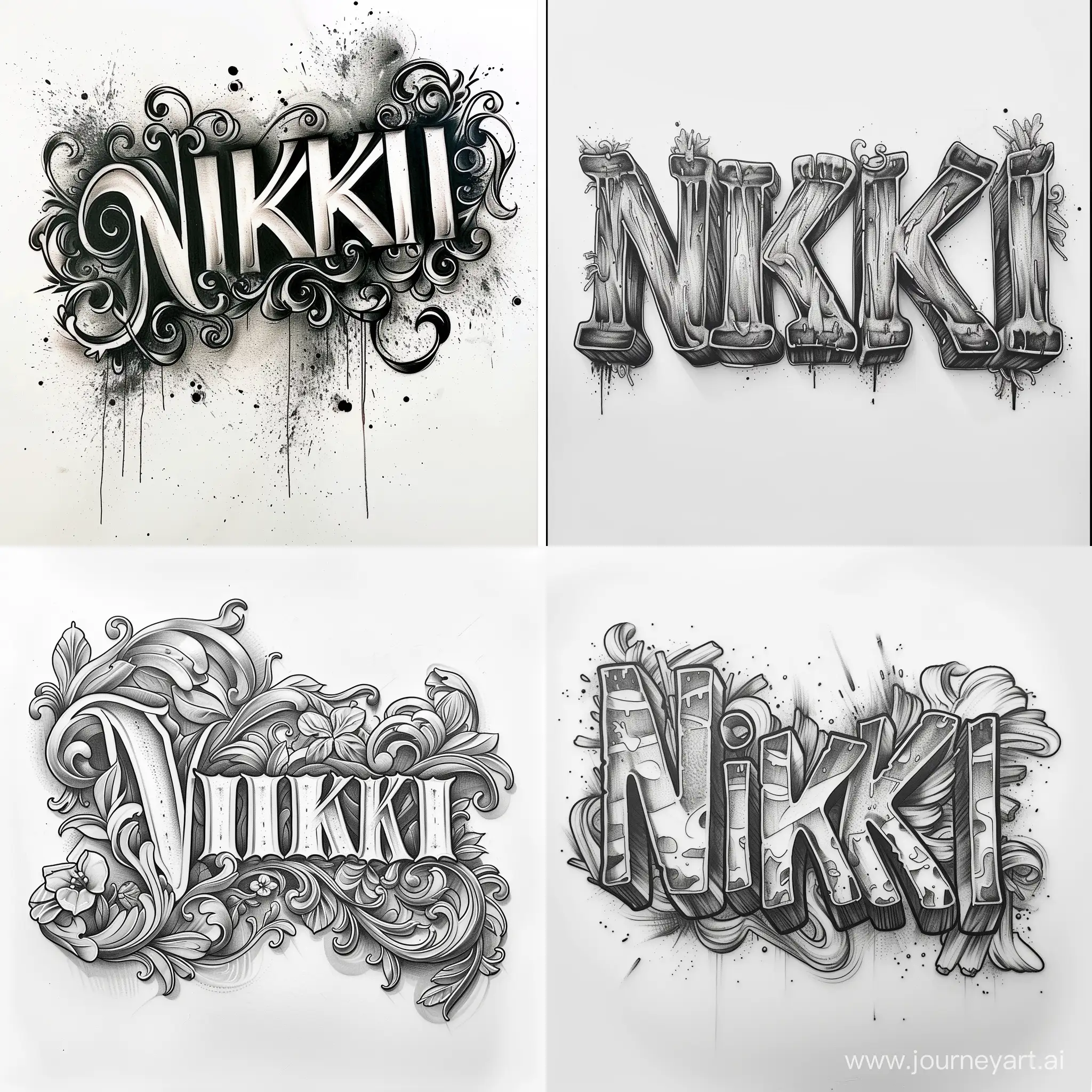 lettering tattoo style, the word NIKKI, WHITE background, medium details -- no skin