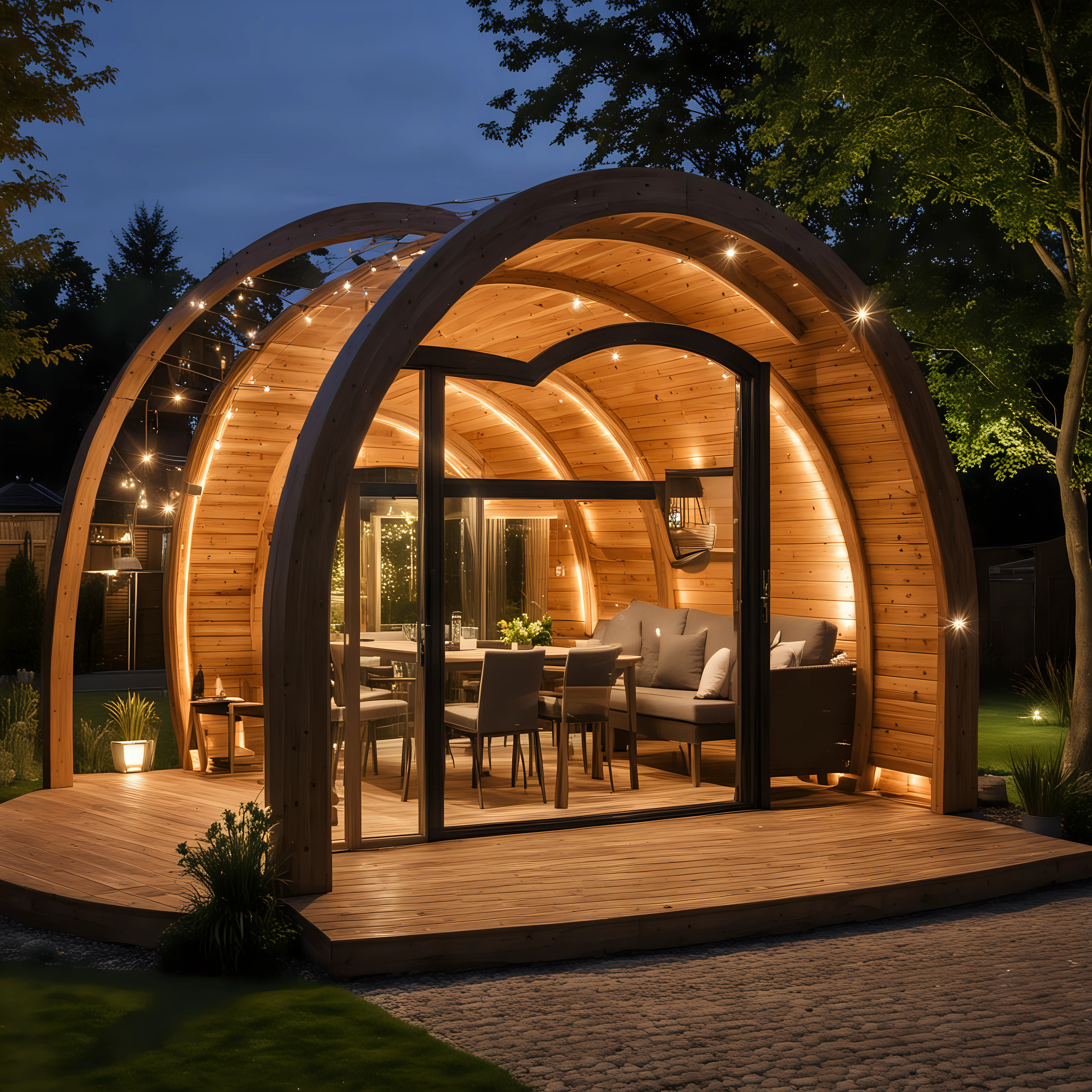 Glulam arches garden pod with ambiental lighting 