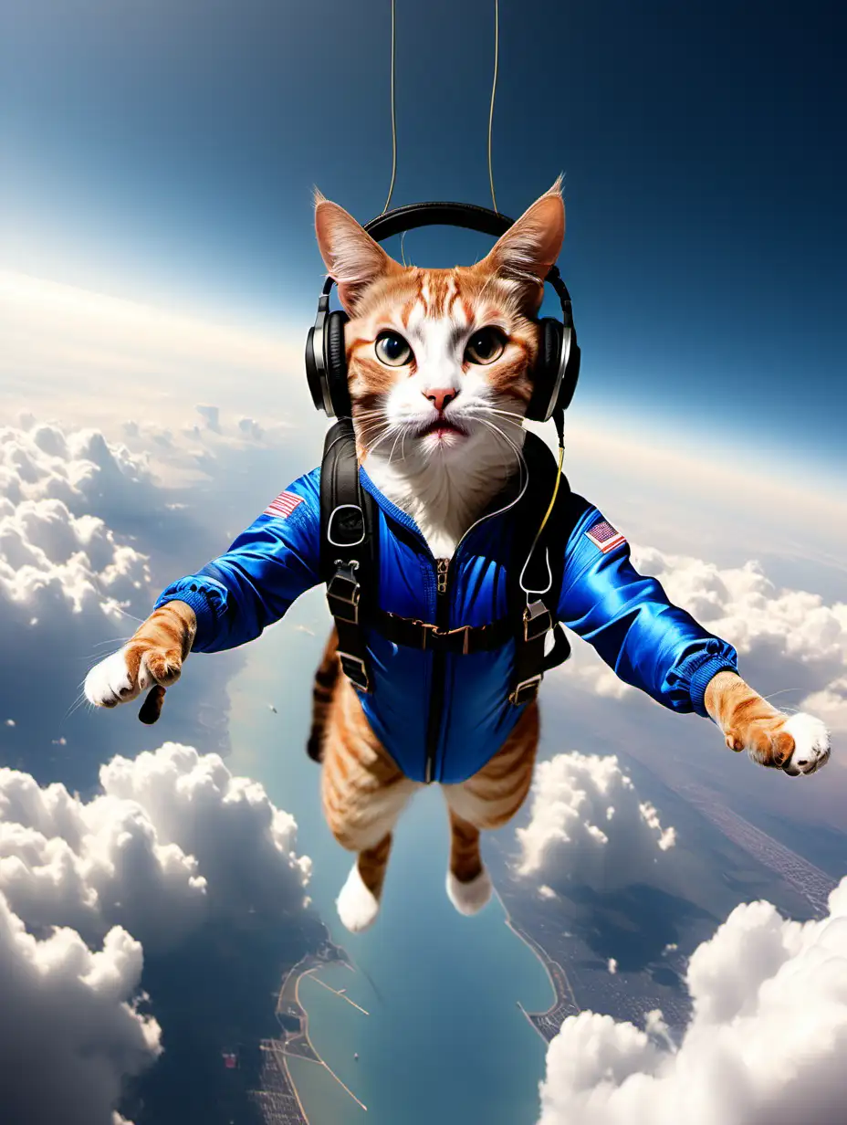 realistic photo of anthropomorphic cat, sky-diving, while listening to headphones