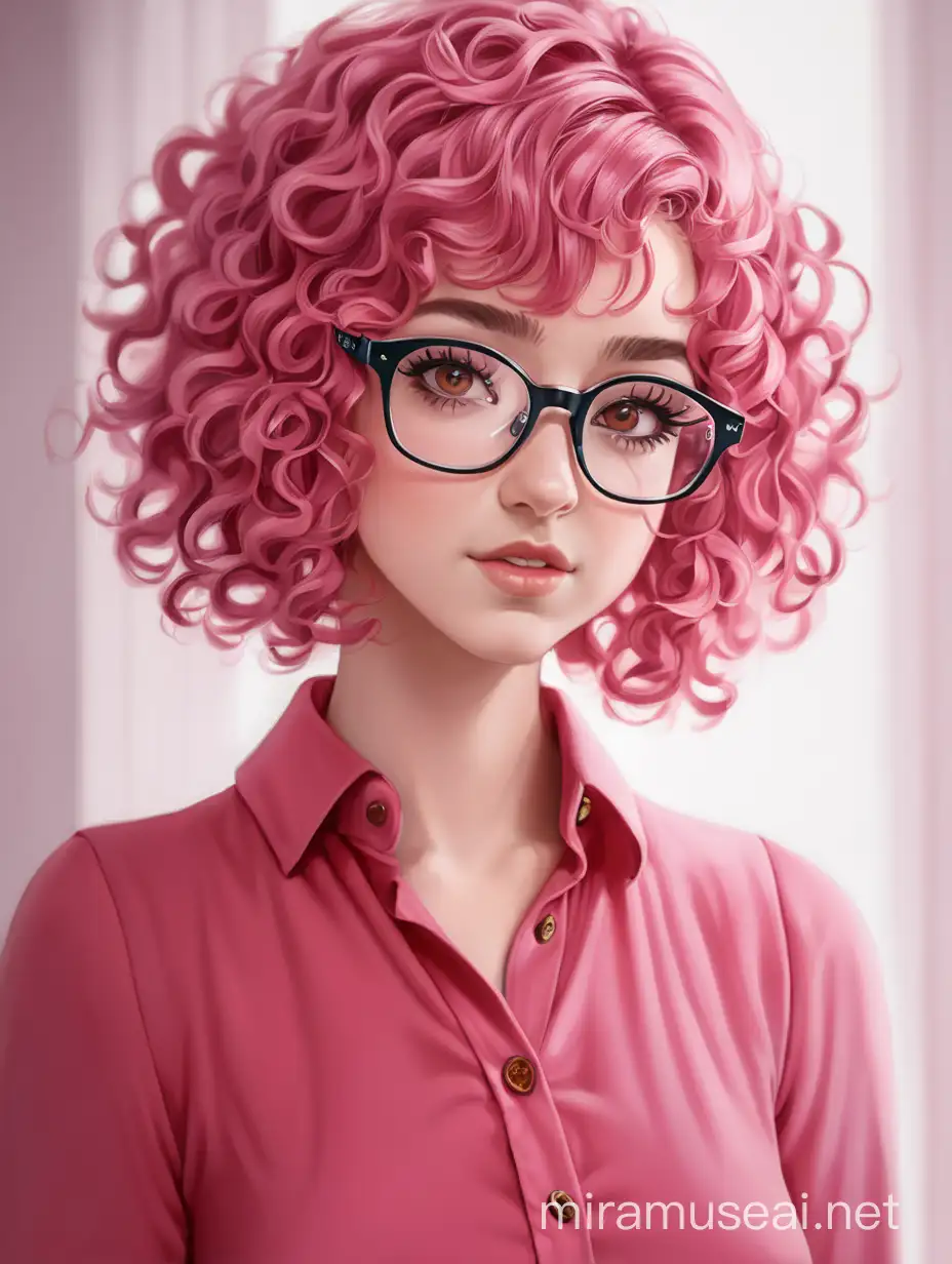 Stylish Woman with Pink Curly Hair and Glasses in a Red Dress