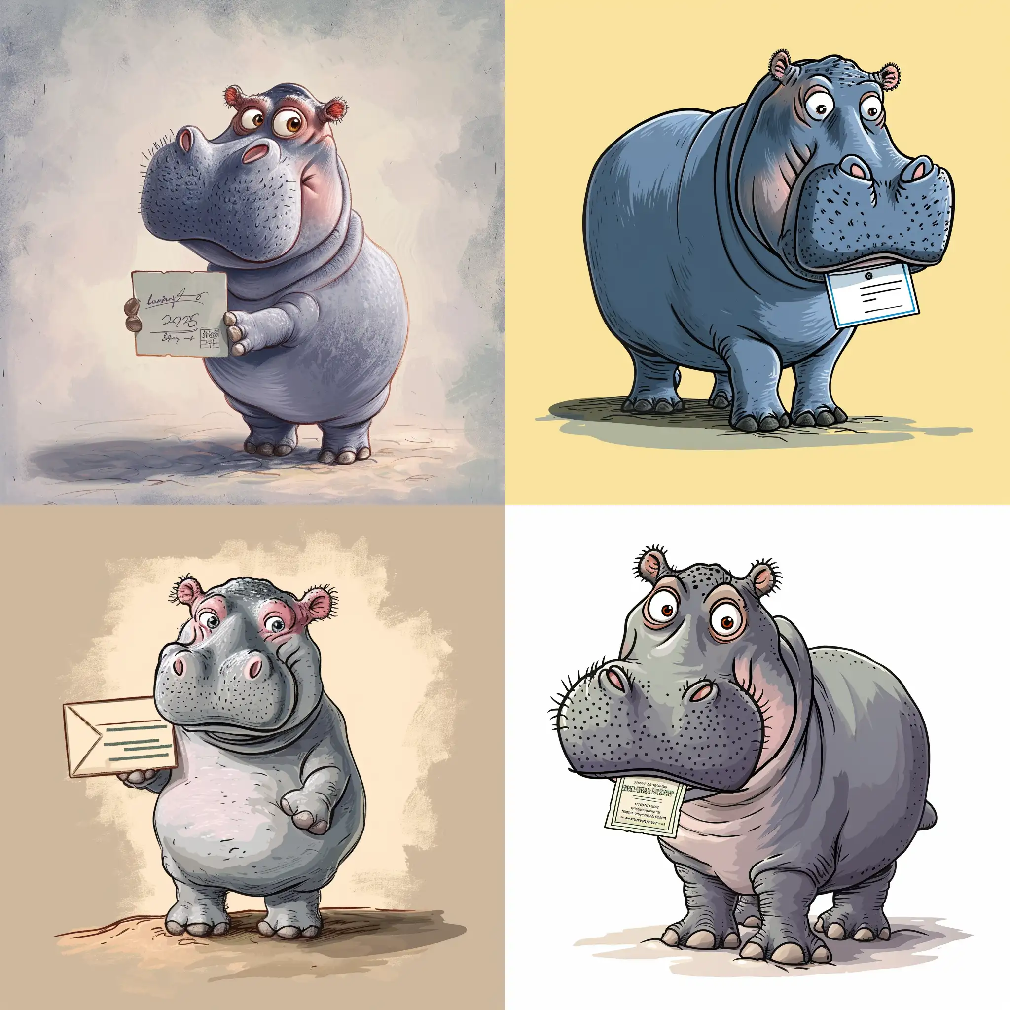 Playful-Cartoon-Hippopotamus-with-Postcard-Vibrant-and-Whimsical-Animal-Art