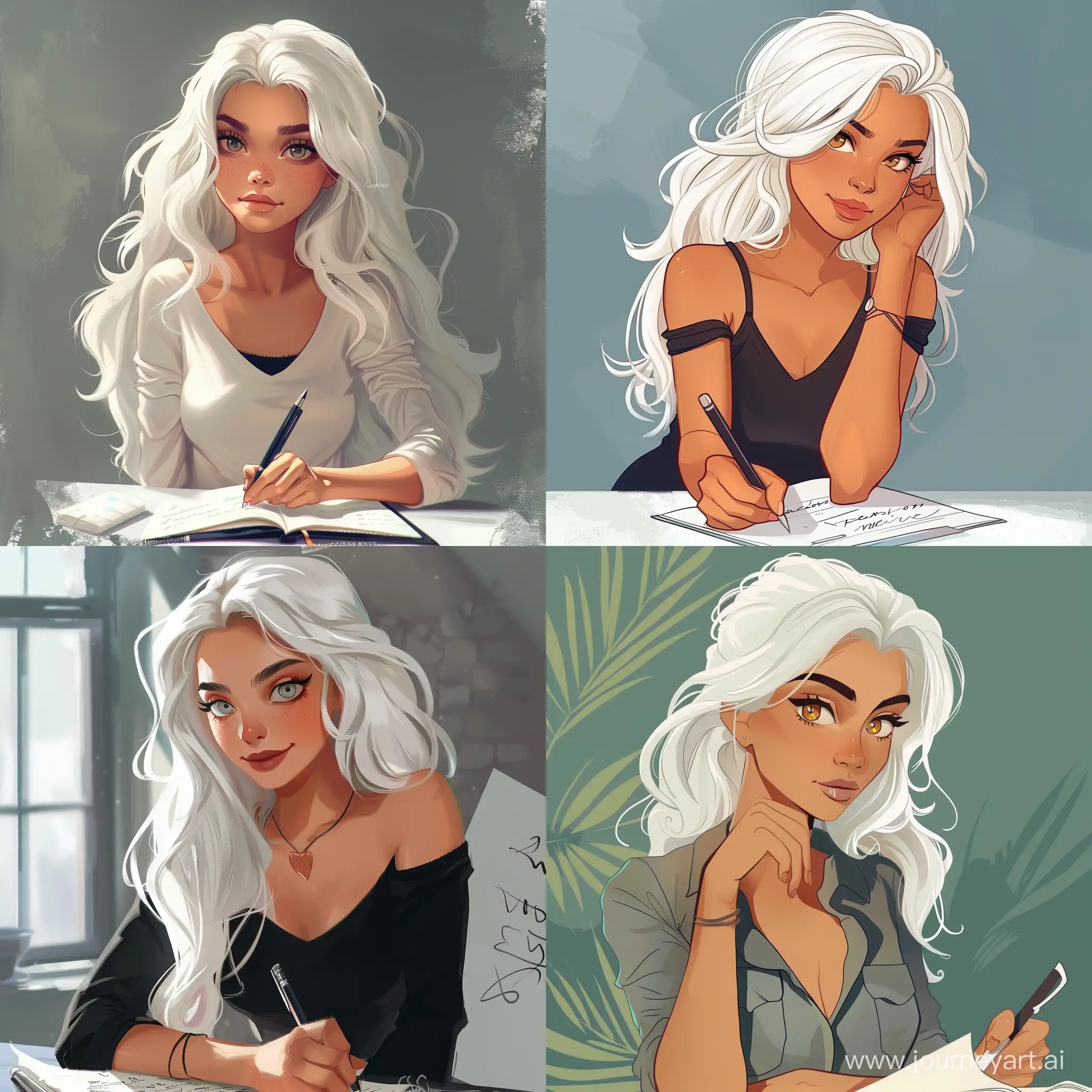 Cartoon-Beauty-Writing-Draft-with-Stunning-White-Hair