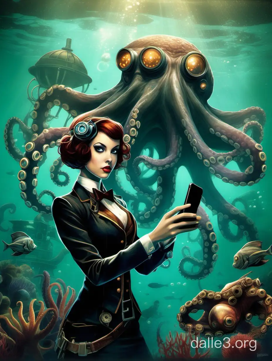 lofi underwater bioshock steampunk selfie, octopus, Pixar style, by Tristan Eaton Stanley Artgerm and Tom Bagshaw.