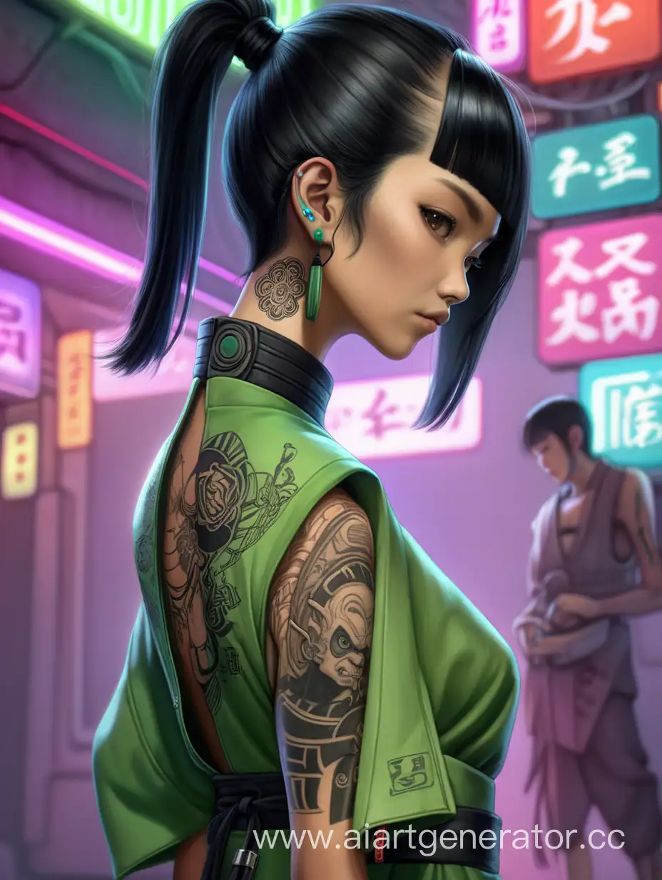 Skinny body, short black hair with ponytail, tattoos, cyberpunk ong green asian dress, older asian female character 