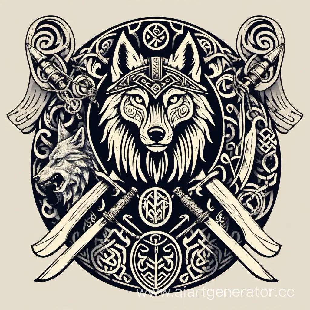 Герб в скандинавском стиле с изображением волка с добычей и узоров викингов