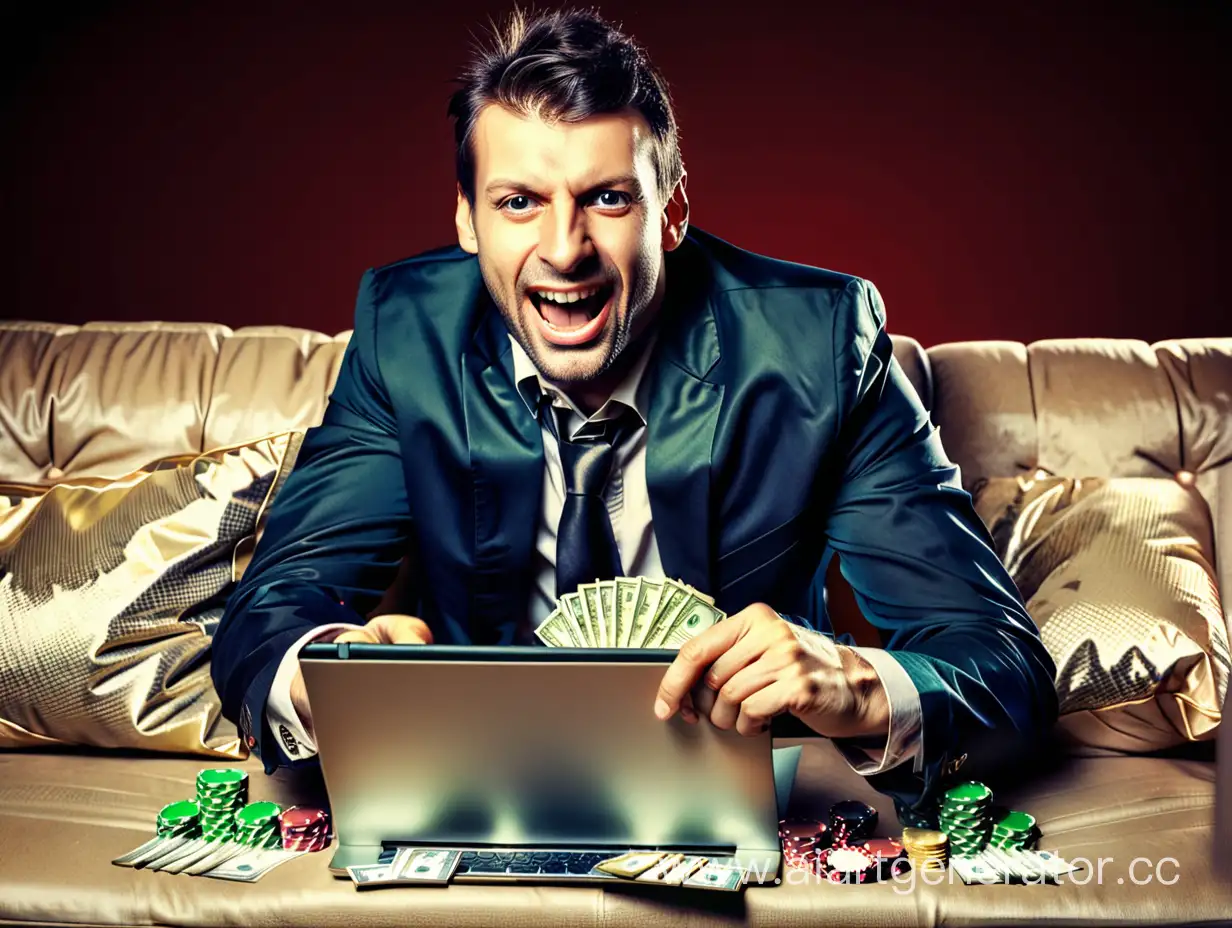 Fortunate-Man-Celebrating-Casino-Victory-with-Cash-and-Laptop-on-Couch