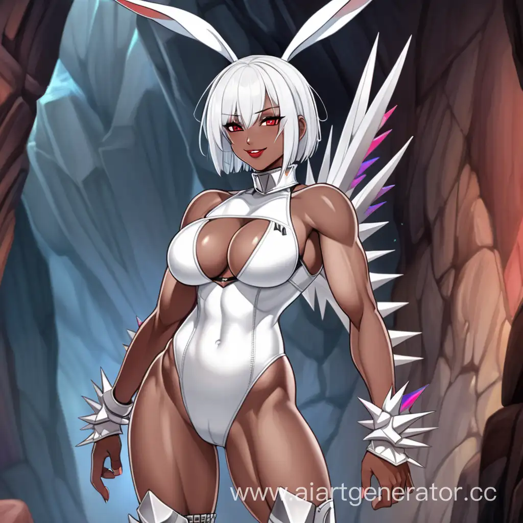 Rainbow Crystal-Cave, 1 Person, Women, Human, White hair, Long Rabit Ears, Short hair, Spiky style, Dark Brown Skin, White Full Body Suit, White Body Armor, Chocer, Scarlet Red Liptsick, Serious smile, Big Breasts, Scarlet Red eyes, Sharp Eyes, Hard Abs, Toned Abs, Big Muscular Arms, Big Muscular Legs, Well-toned body, Muscular body, 