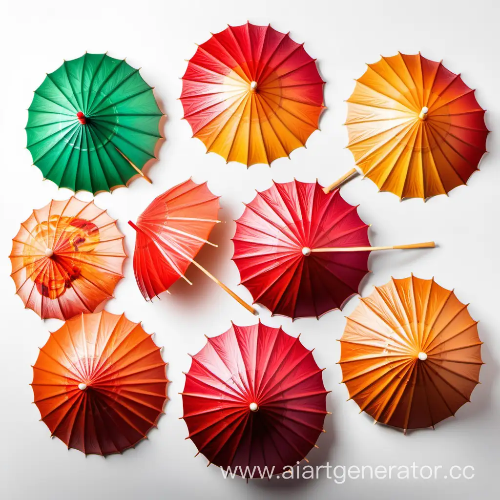 Hawaiian cocktail umbrellas in Hawaiian style top view on a white background