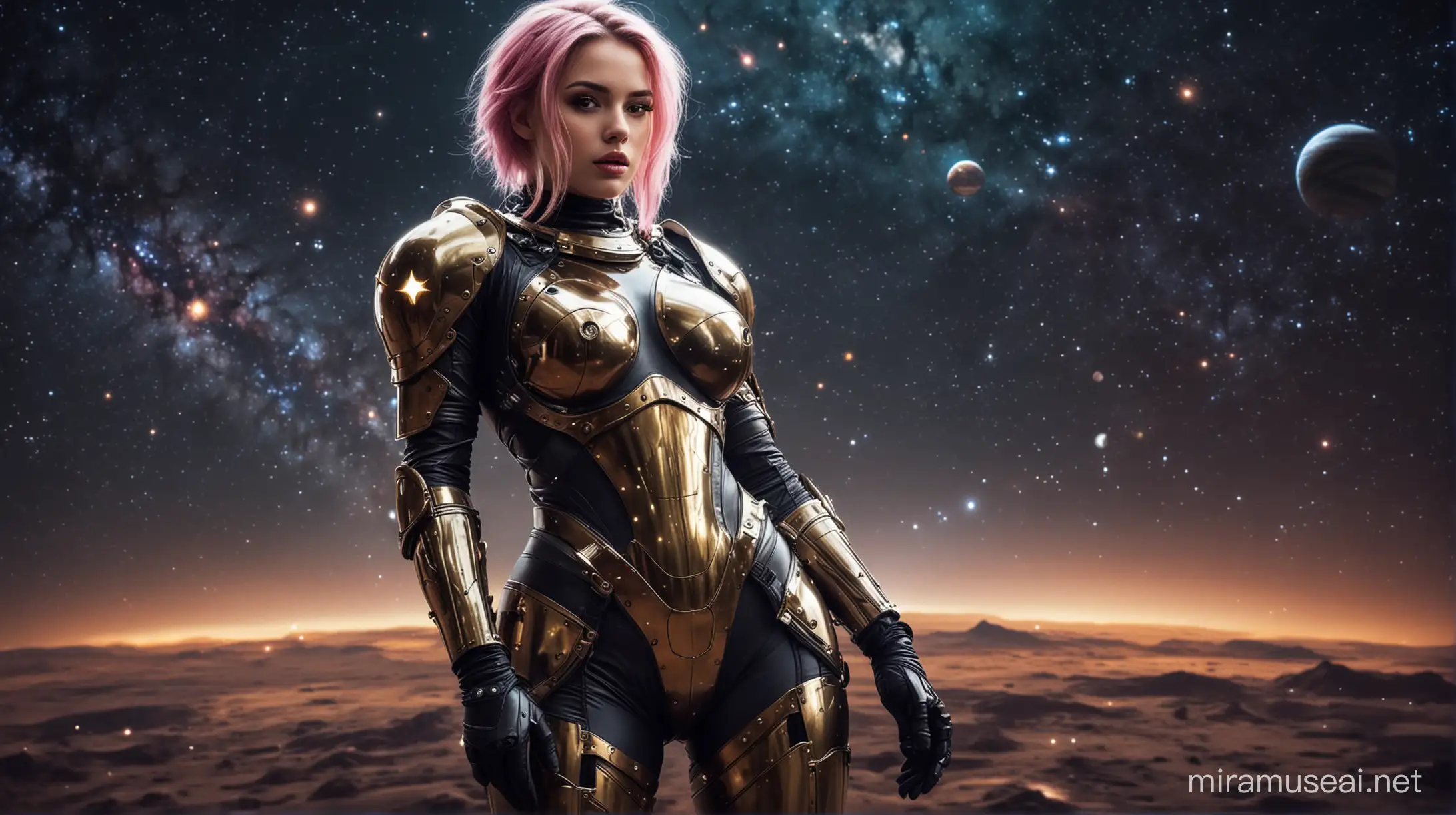 Sexy knight girl, graceful, soldier style hair, complicated hair style, colorful hair, sexy makeup, fat lips, very big boobs, round boobs, full body, tight spacesuit, black and gold spacesuit, armored spacesuit, glowing spacesuit, space, stars, galaxies, planets 