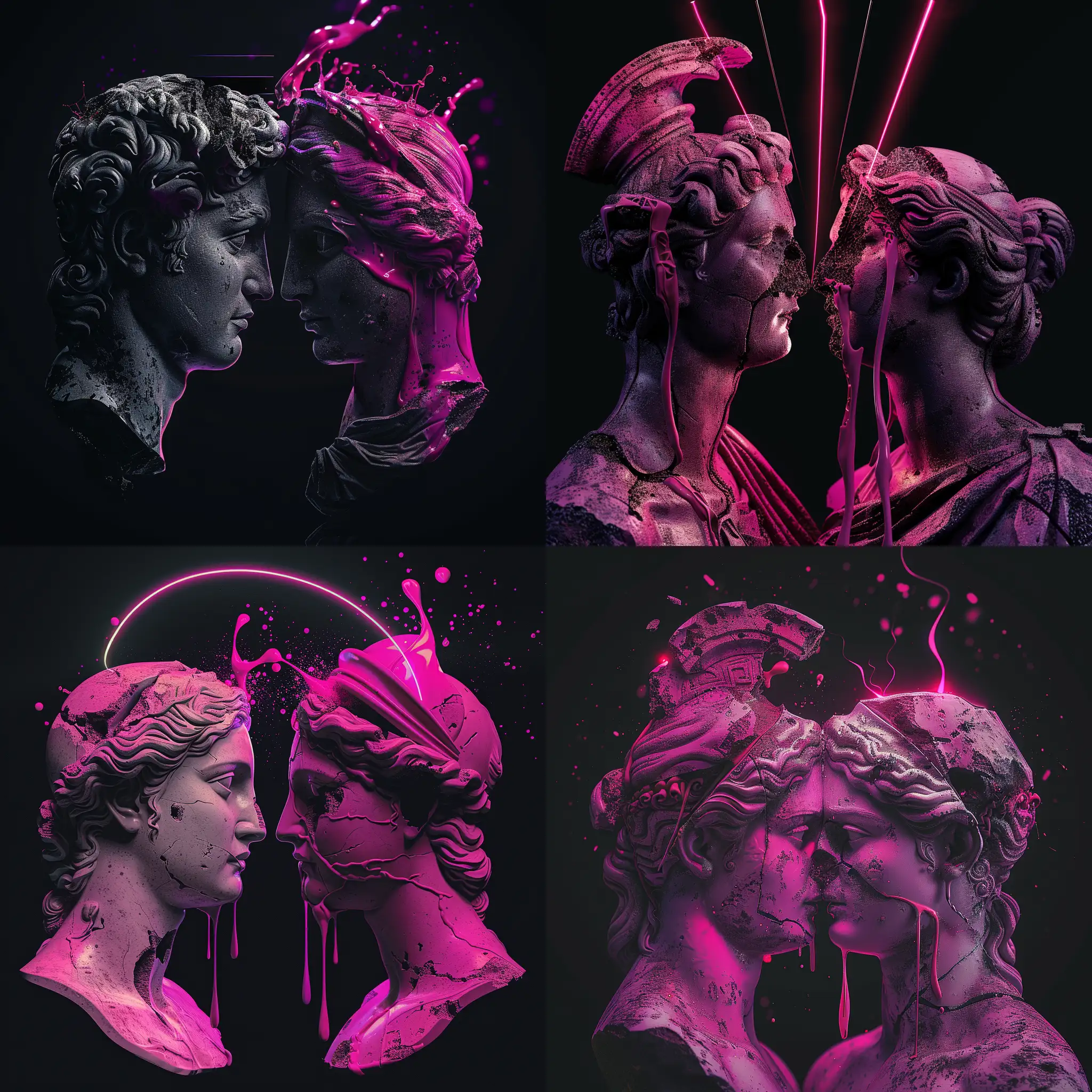  a romantic Greek statues face to face of a man and woman with magenta colour, dark background,liquid magenda on head like venom liquid fighting from laser lights behind and front of the heads , black background,hd, ready for music cover

