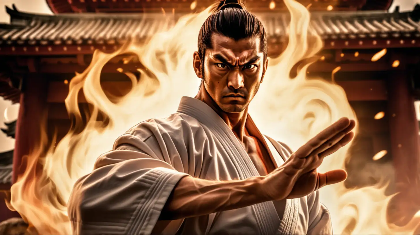 Furious Anime Karateka with Fiery Hands at Mystic Temple