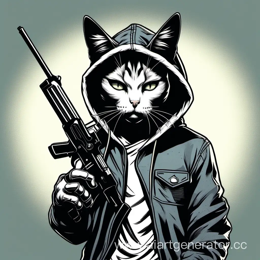 Кот в капюшоне держит пистолет у себя над головой и смотрит в камеру и скалится