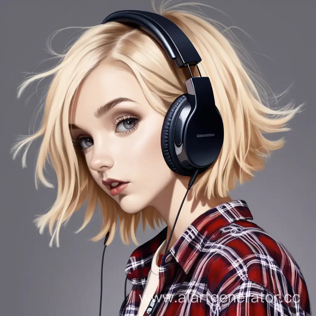grunge girl, blonde, bob haircut, plaid shirt, wearing headphones, moderate makeup
