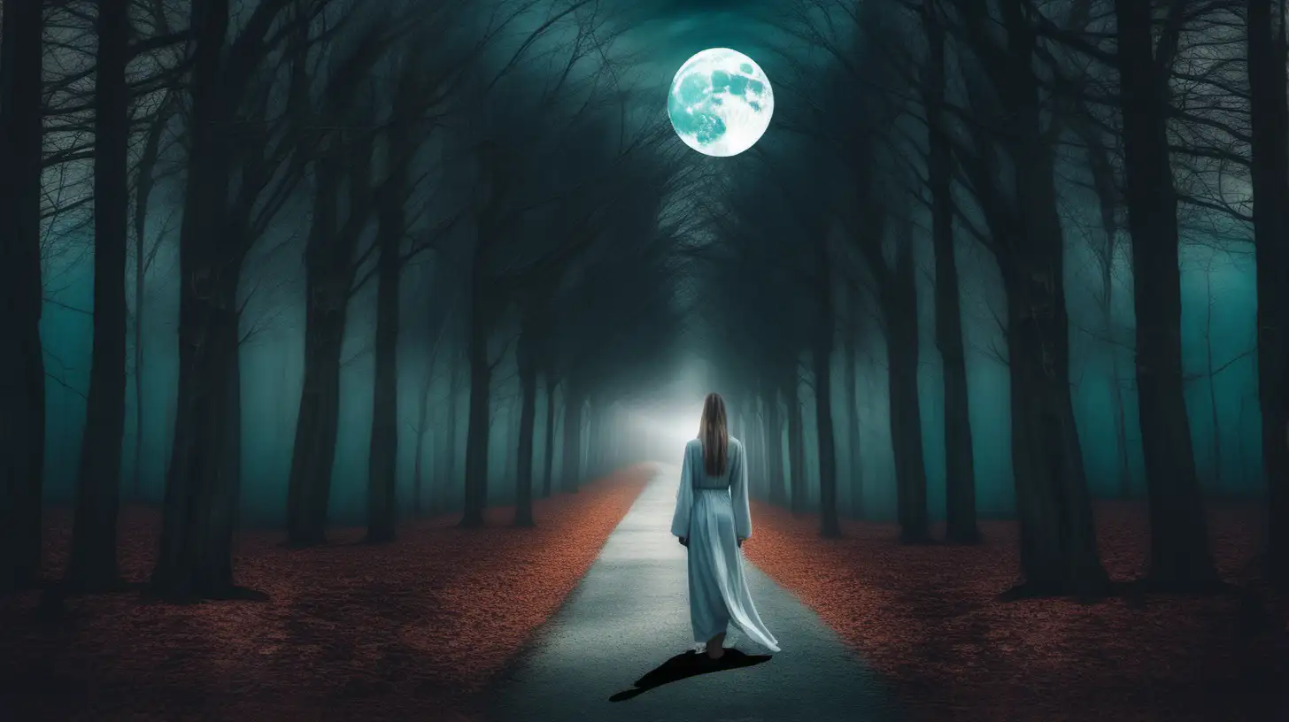 two split pathways in the forest. a spiritual image of woman in the woods standing in front of two separate pathways (Like a FORK in the ROAD) and she stands at the front of it, deciding which choice. full moon heavy in the sky, spiritual feeling, energy. beautiful harmonic